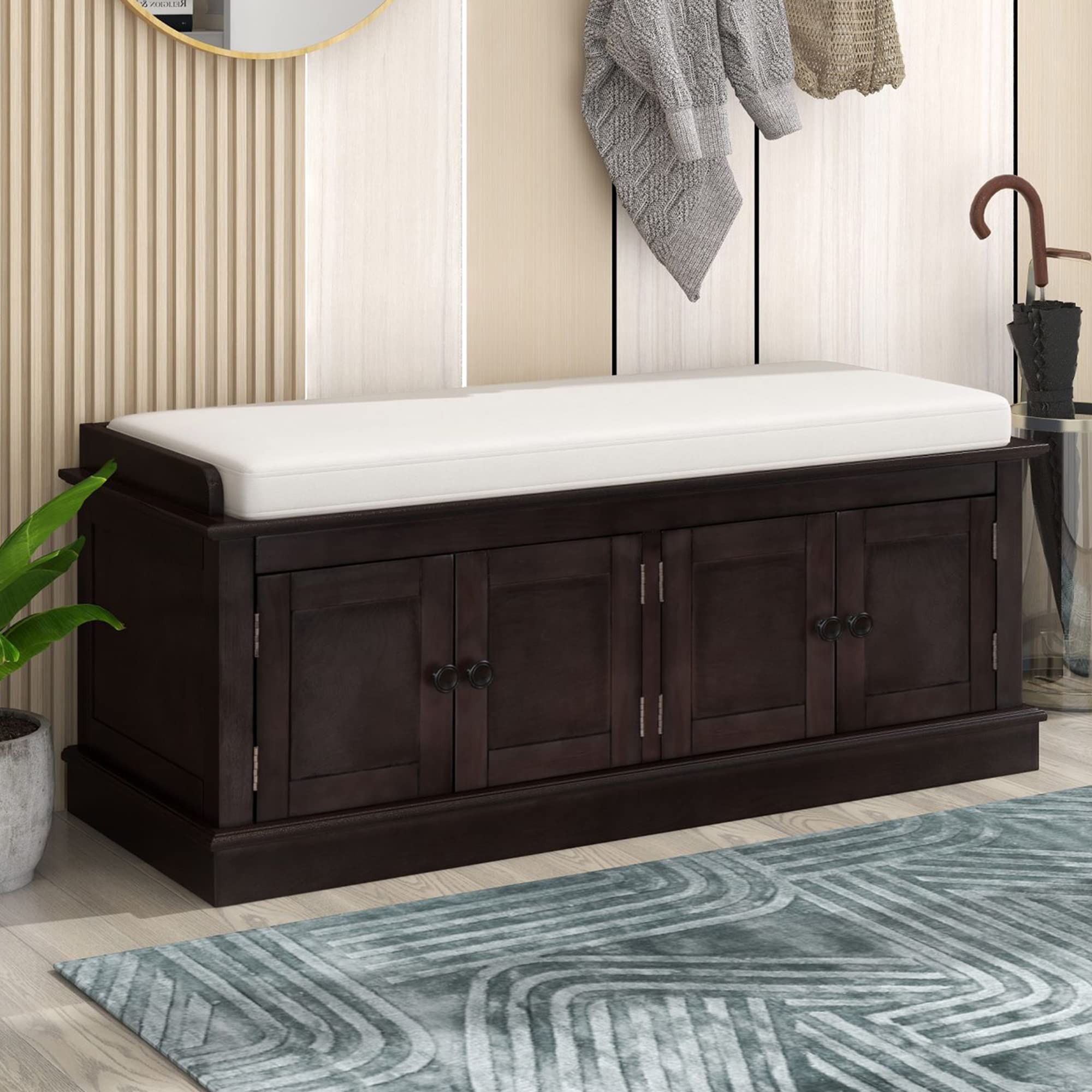 P PURLOVE Storage Bench with Removable Cushion - 4-Door Entryway Shoe Bench with Adjustable Shelves & Storage Cubbies for Living Room, Hallway, Bedroom - Espresso Finish for Home Organization & Comfortable Seating