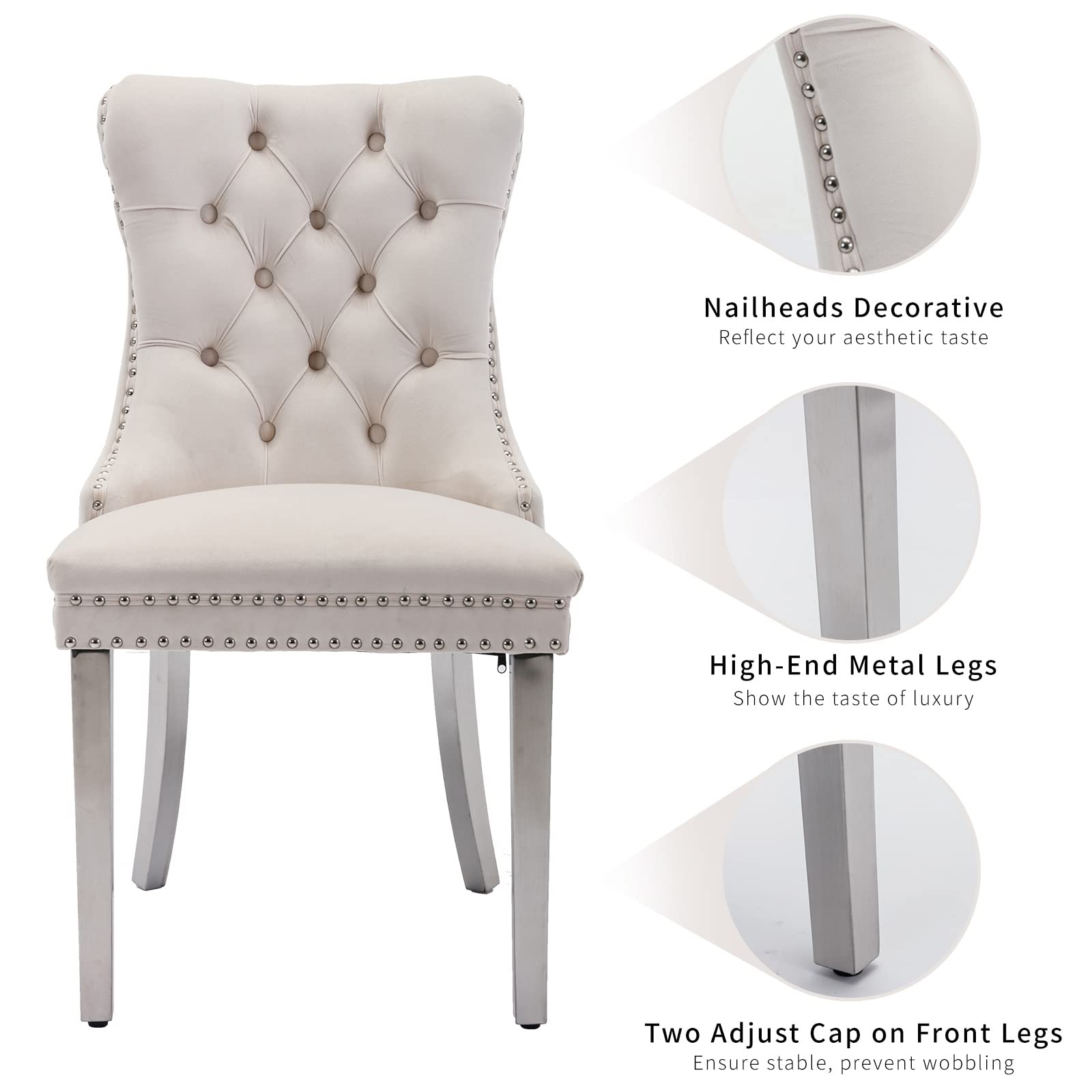 Luxury Velvet Dining Chairs Set of 2 - Tufted Upholstered Kitchen & Dining Room Chairs with Chrome Metal Legs, Beige - Perfect for Modern Home, Restaurant, and Office Decor