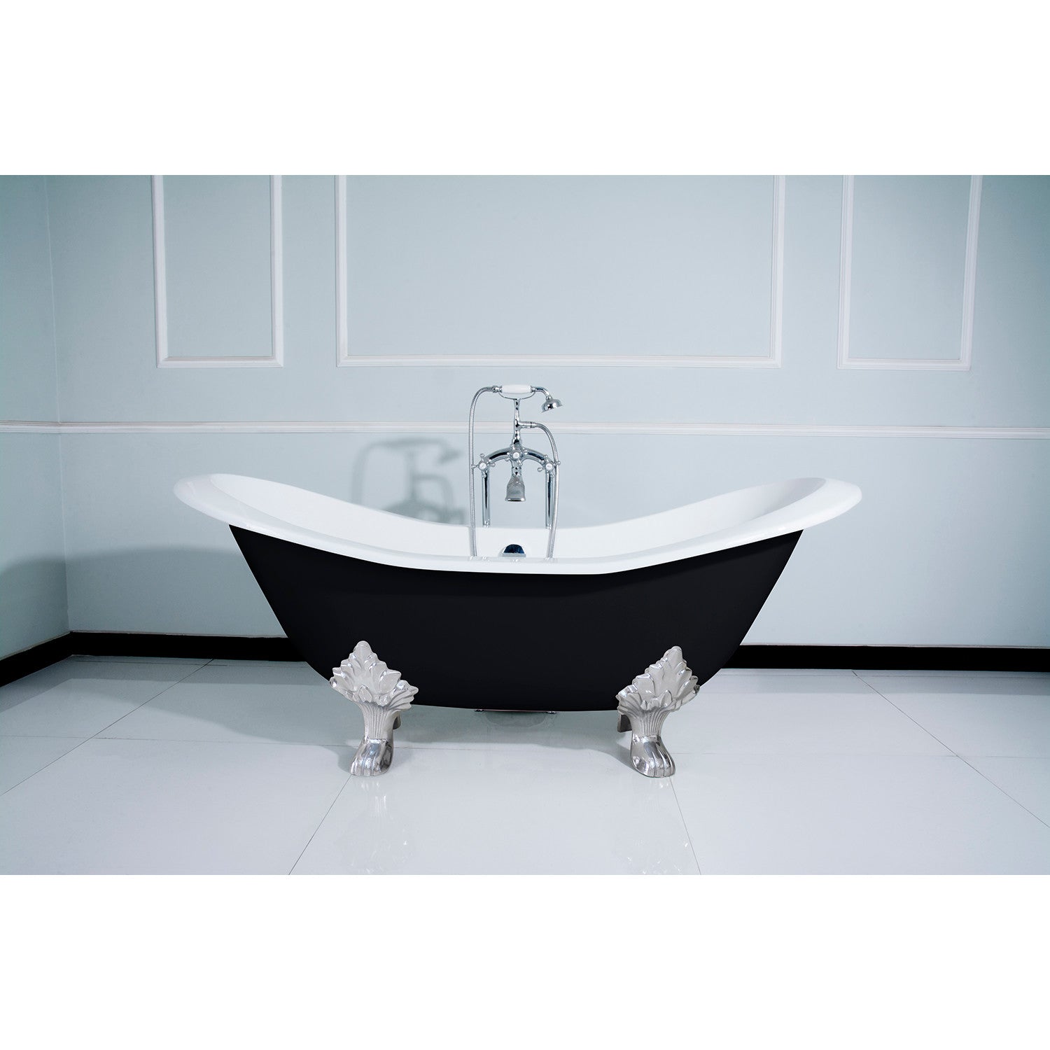 72 Inch Cast Iron Oval Double Slipper Clawfoot Bathtub - Black/White/Polished Chrome Finish, No Faucet Drillings | Vintage Freestanding Soaking Tub for Luxury Bathroom & Spa Retreat