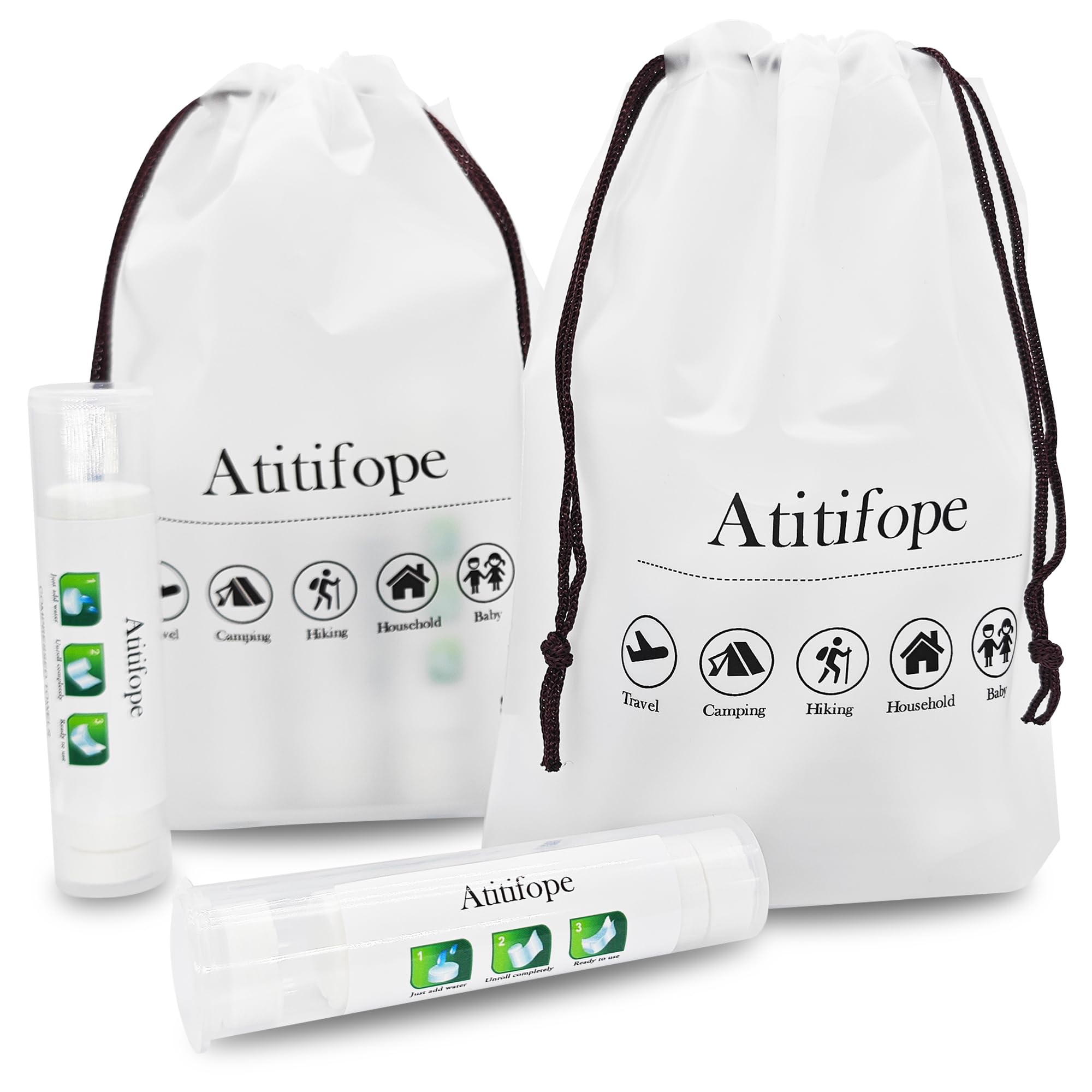 Atitifope 100-Pack Compressed Face Towels & Travel Wipes - Reusable Camping Cleaning Cloths with 10 Carrying Cases & Storage Bag - Perfect for Travel, Hiking, Gym & Emergency Kits