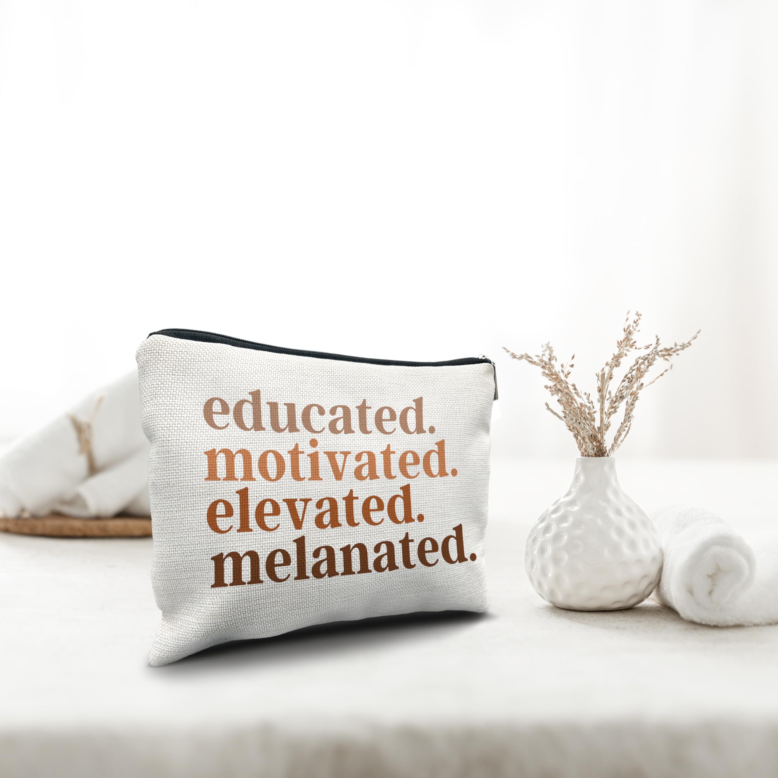 Premium African American Makeup Bag for Black Women - Melanin Travel Cosmetic & Toiletry Organizer - Educated Motivated Elevated Gift for Black Girls | Perfect for Travel, Work & Daily Beauty Routine