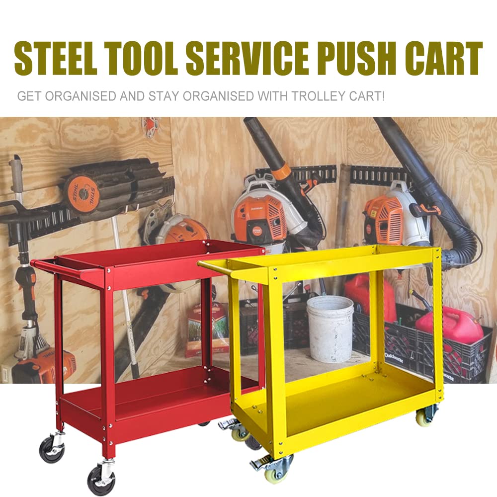 30in Large Steel Service Cart with Wheels - 2 Shelf Heavy Duty Metal Utility Cart - 300 lbs Capacity Rolling Tool Cart - Yellow - Perfect for Workshop, Garage, and Industrial Use