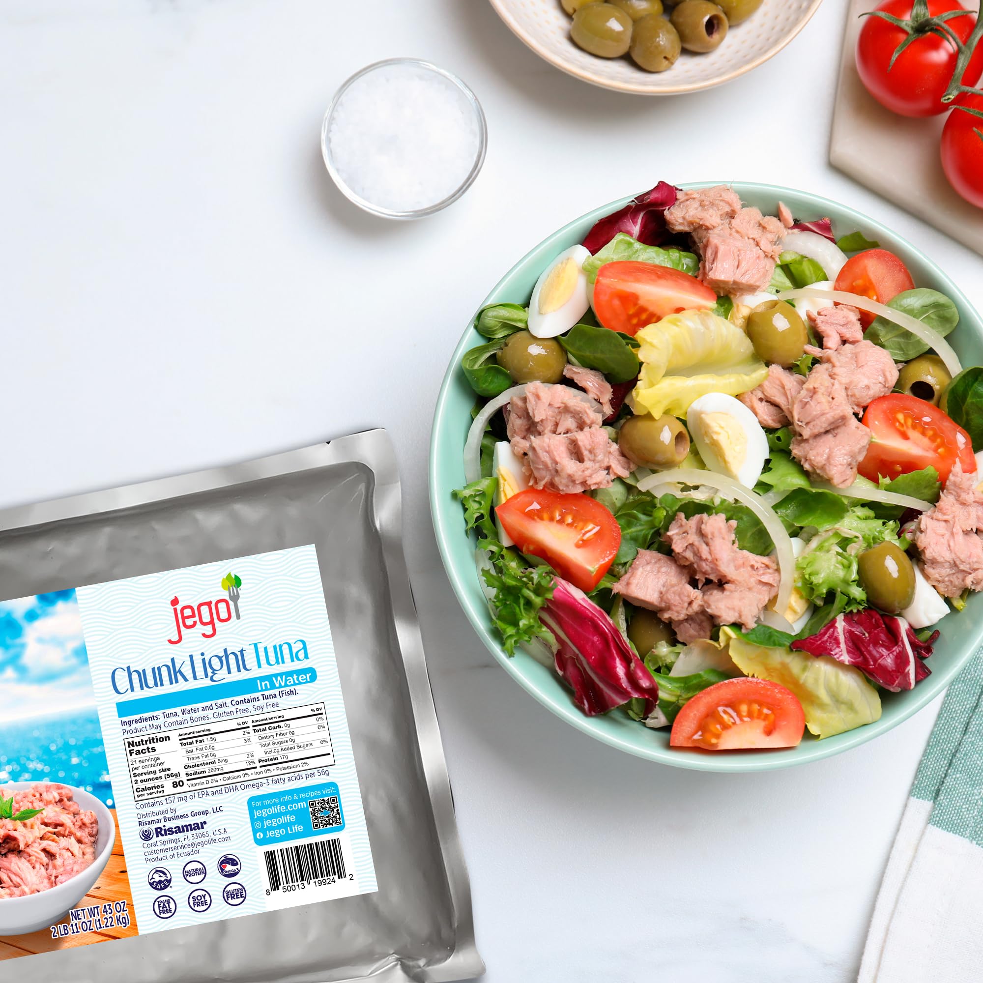 Jego Chunk Light Tuna in Water - Wild Caught, Keto & Low Carb Friendly, Gluten Free, Soy Free, Ready to Eat (43 oz Pouch) - Perfect for Salads, Sandwiches & Healthy Meal Prep