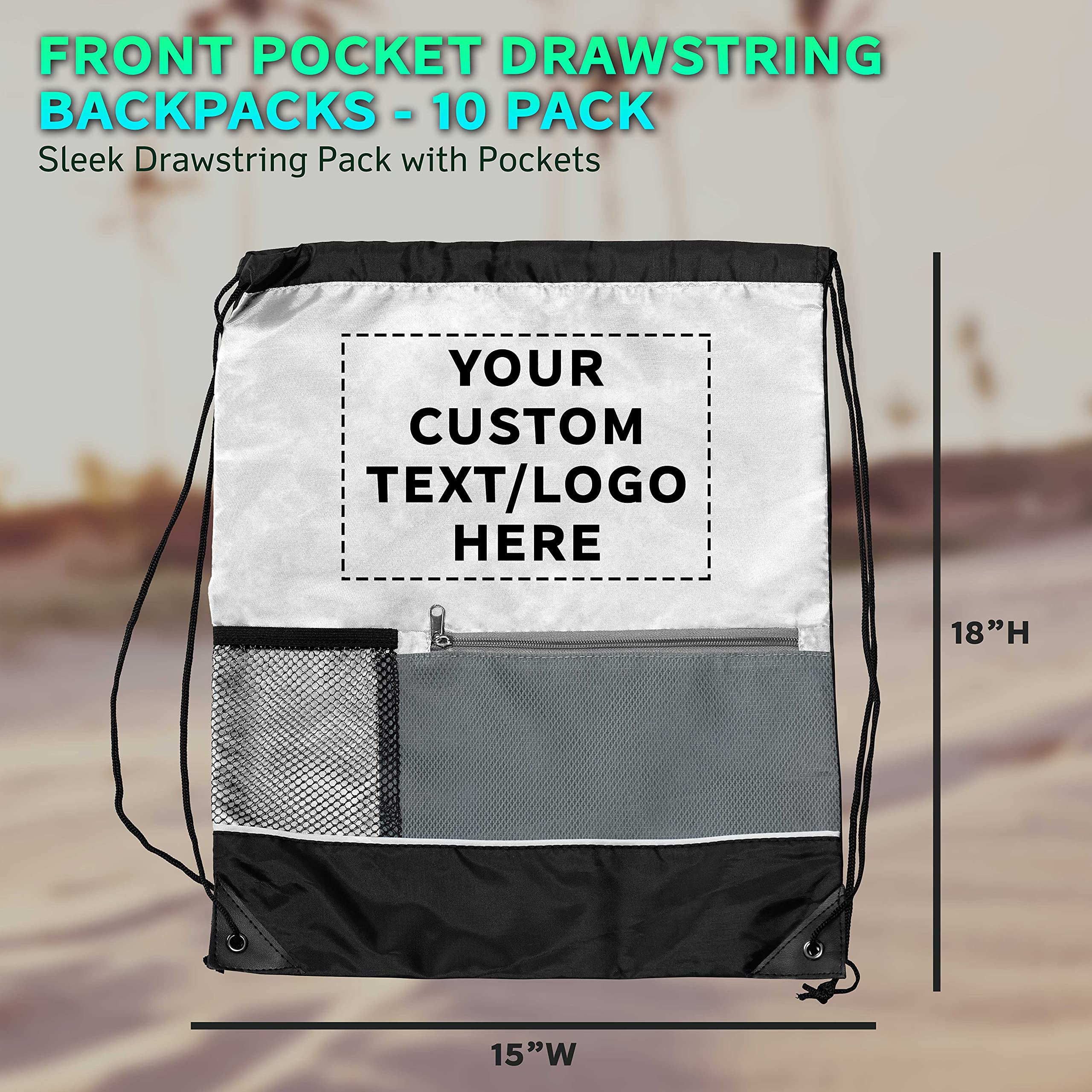 Custom Front Pocket Drawstring Backpacks - Bulk Set of 10, Personalized Reusable Lightweight Sports Bags for Gym, Travel & Promotional Events - White Backpack Pack
