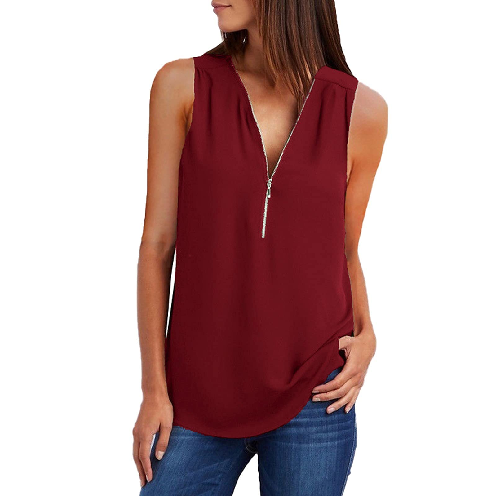 Women's Summer Fashion V-Neck Zip Tank Tops - Trendy Loose Fit Sleeveless Blouse for Casual Wear, Beach Outfits & Summer Vacation