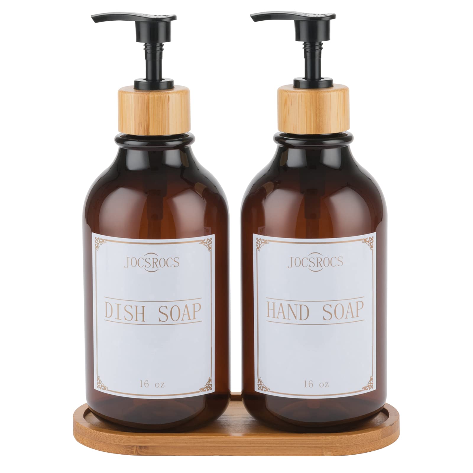 2-Pack Bamboo Soap Dispenser Set - 16oz Kitchen & Bathroom Hand Soap Dispenser with Waterproof Labels - Includes Soap Tray for Dish Soap, Lotion & Hand Wash - Perfect for Farmhouse, Modern & Rustic Home Decor (Brown)