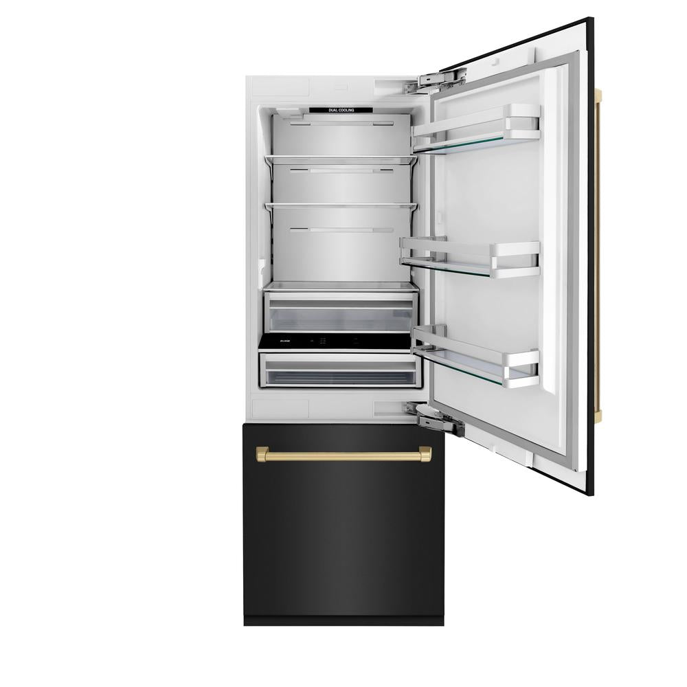 ZLINE Autograph Edition 30 Inch Built-In Bottom Freezer Refrigerator - 16.1 cu ft Capacity, Black Stainless Steel with Champagne Bronze Accents, Water Dispenser & Ice Maker - Perfect for Modern Kitchens, Open Concept Homes & Luxury Appliances Collection (RBIVZ BS 30 CB)