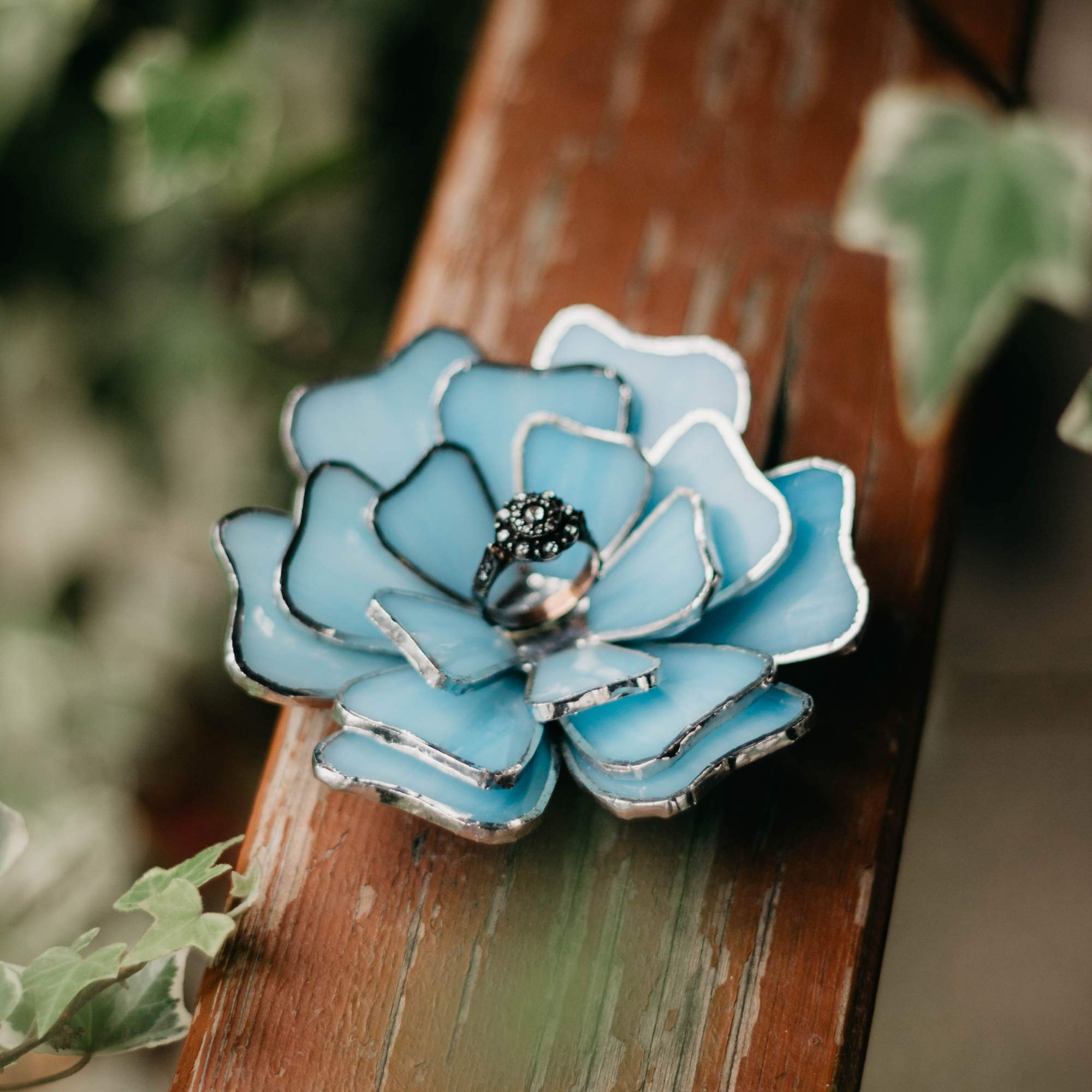 Opalescent Glass Floral Jewelry Dish - Elegant Engagement & Wedding Ring Holder for Ceremony Decor, Valentines Day Gift for Her (Blue) | Perfect for Ring Bearer Pillow Alternative, Bridal Shower, Anniversary & Romantic Home Decor
