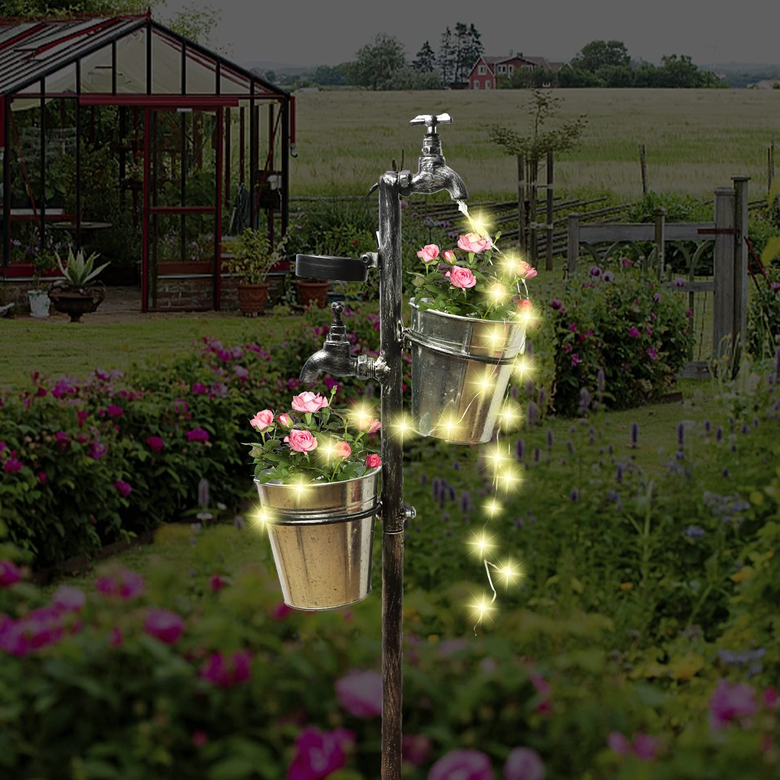 MorTime Solar-Powered LED Garden Faucet Stake with 2 Planters - Retro Metal Watering Can Yard Decor for Lawn, Patio & Outdoor Spaces | Perfect for Flower Beds, Pathways & Garden Lighting