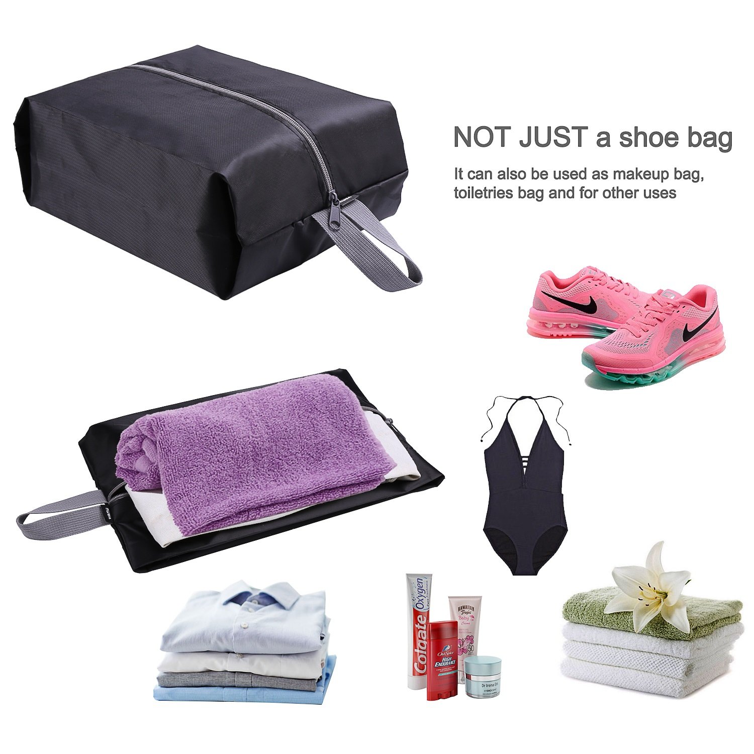 YAMIU Waterproof Travel Shoe Bags Set of 4 - Nylon Zipper Shoe Organizers for Men & Women (Black) - Perfect for Gym, Business Trips & Vacation Packing