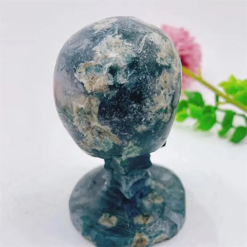 Natural Moss Agate Skull Carving - Handmade Gemstone Wizard Decor for Home, Office & Meditation | Healing Crystal Collection | Unique Spiritual Gift for Men & Women (1 Piece) | Perfect for Yoga Rooms, Altars & Gothic Decor