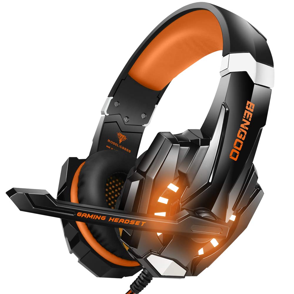 BENGOO G9000 Stereo Gaming Headset with Mic - Noise Cancelling Over-Ear Headphones for PS4, PC, Xbox One | LED Light, Bass Surround, Soft Memory Earmuffs (Orange) - Perfect for Gaming, Streaming & Online Meetings