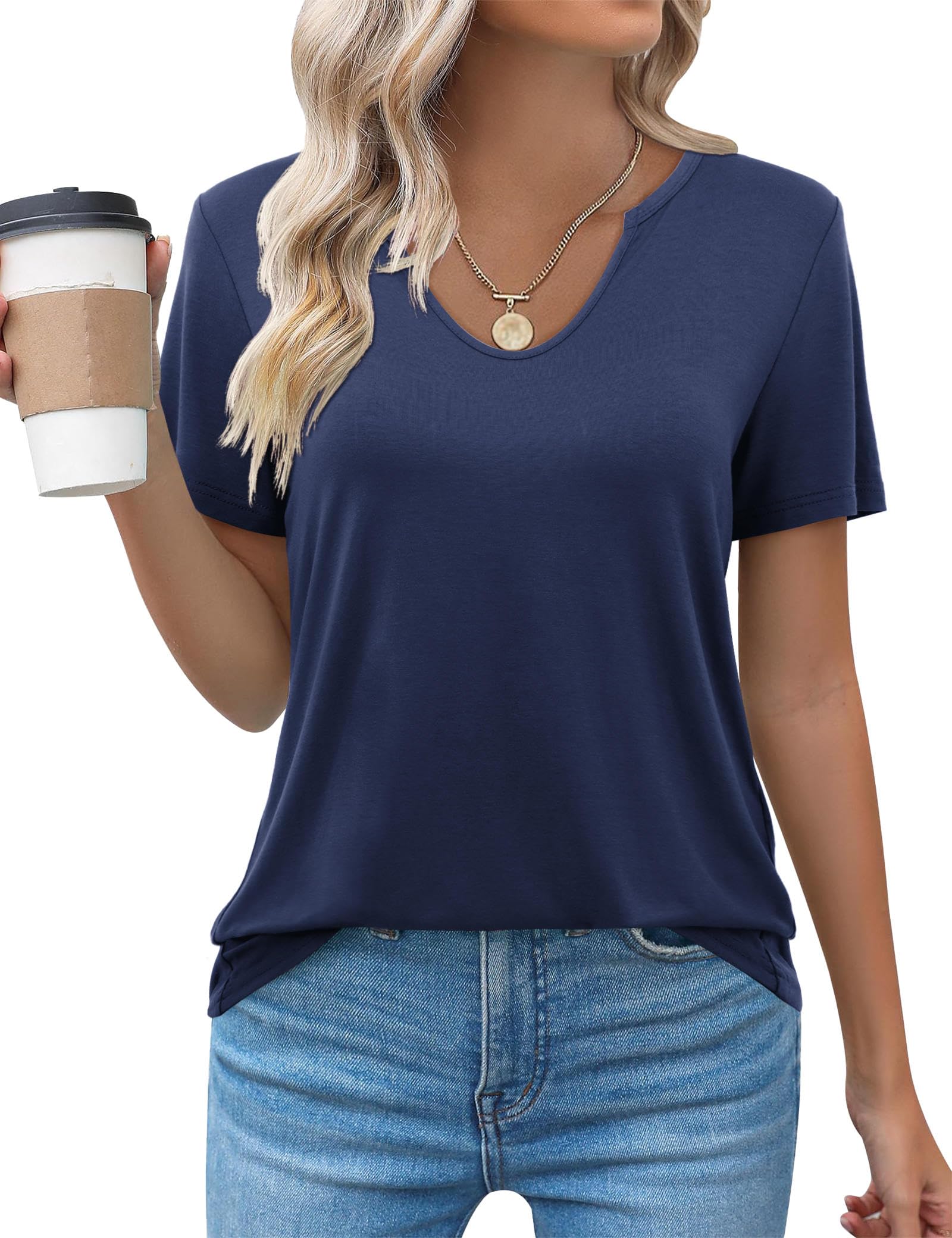 Florboom Women's Summer Short Sleeve V-Neck T-Shirt - Casual Loose Fit Basic Tee | Trendy 2024 Tunic Top for Beach, Travel & Everyday Wear