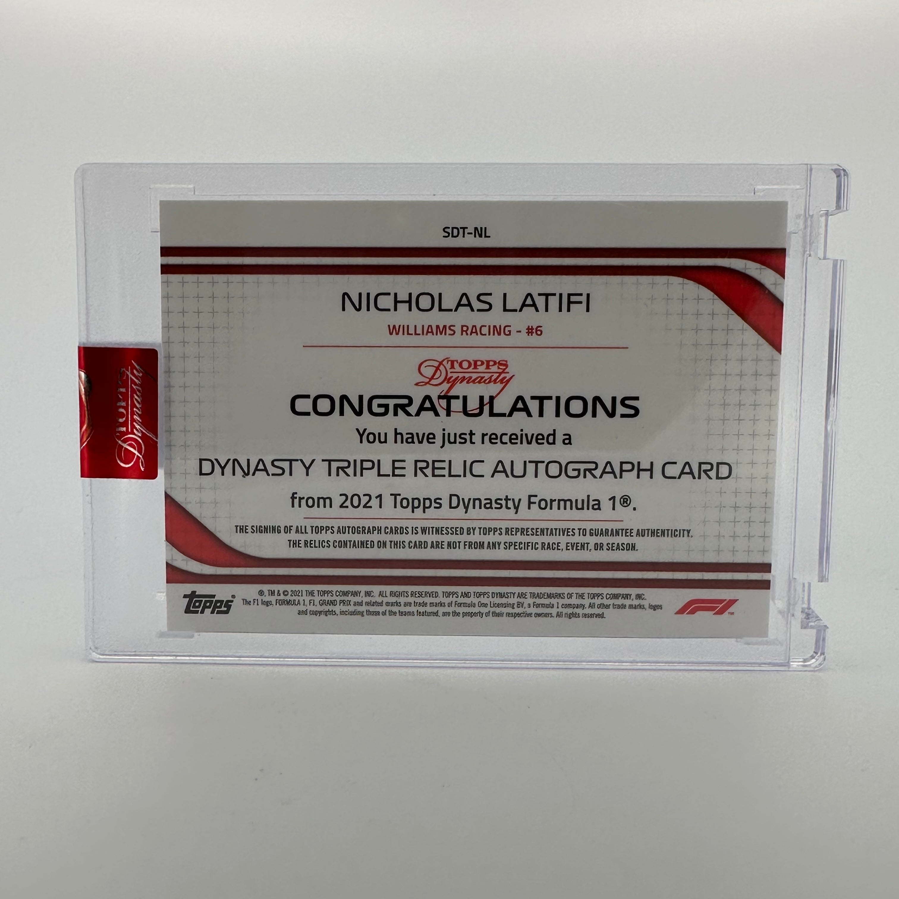 2021 Dynasty Nicholas Latifi #SDT LN Triple Relic Autograph Card - 05/10 Silver - Perfect for F1 Collectors and Racing Memorabilia Enthusiasts