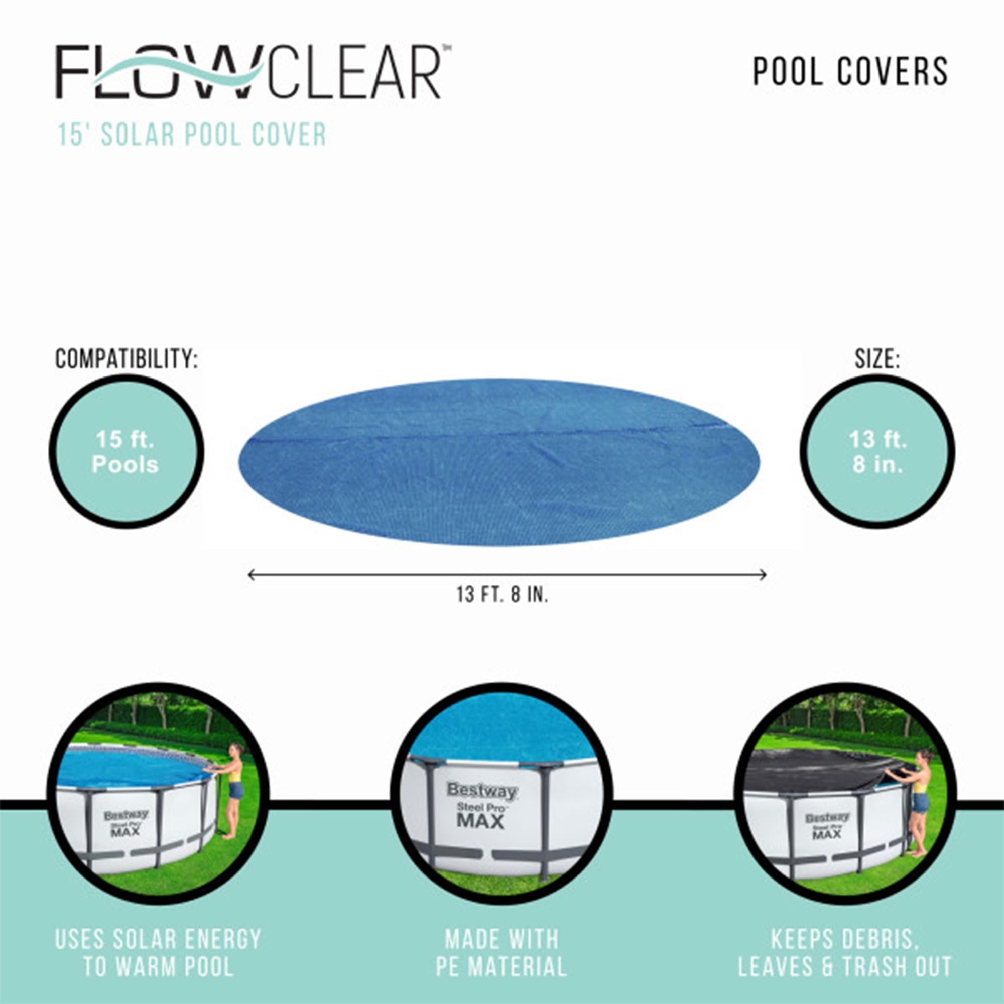 Bestway Flowclear 14ft Round Solar Pool Cover for Above Ground Pools - Blue, Fits 15ft Diameter Pools | Maintains Water Temperature & Reduces Evaporation | Perfect for Summer Swimming & Energy Savings