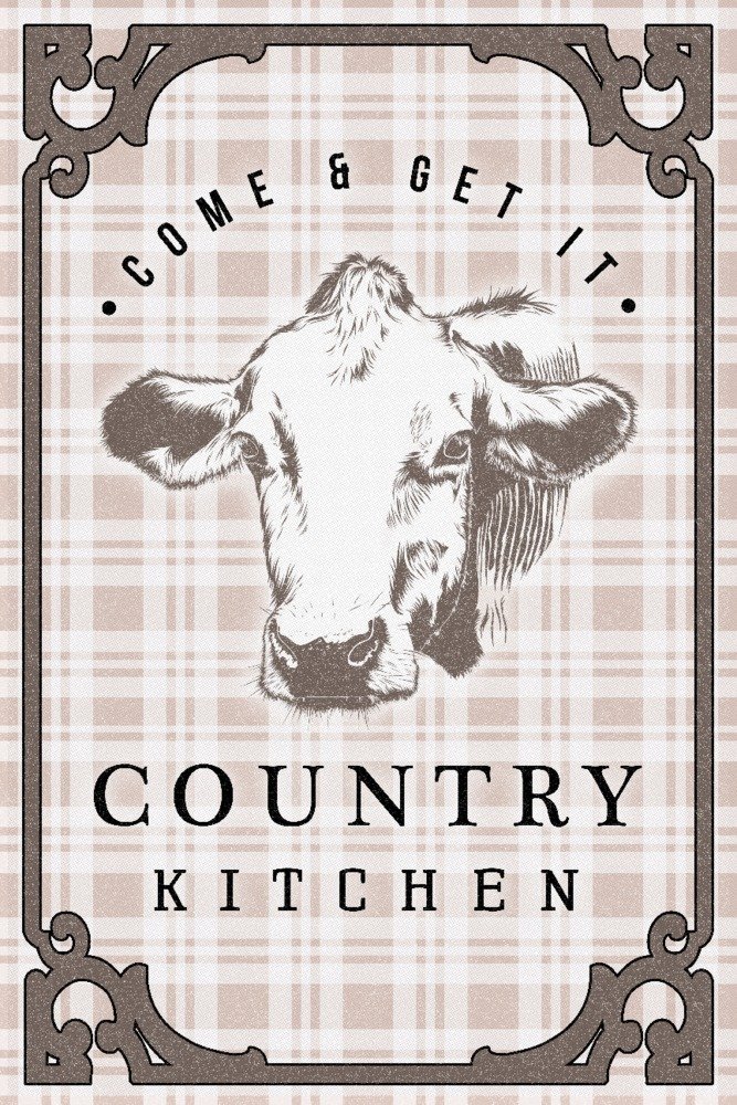 Lantern Press Country Kitchen Cow on Plaid 16x24 Wrapped Canvas Wall Art - Rustic Farmhouse Decor for Living Room, Kitchen & Bedroom