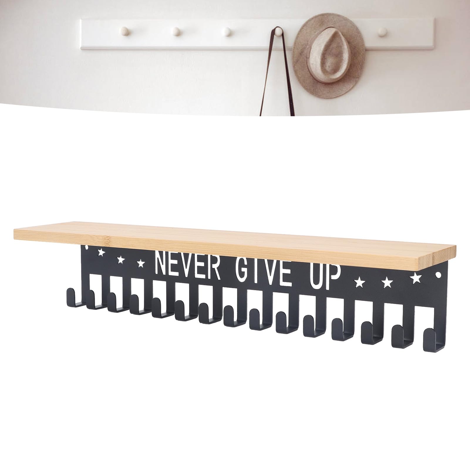 Metal Award Display Trophy Shelf with 20 Hooks - Wall Mounted Wooden Medal Holder for Sports Awards, Office Recognition & Home Decor