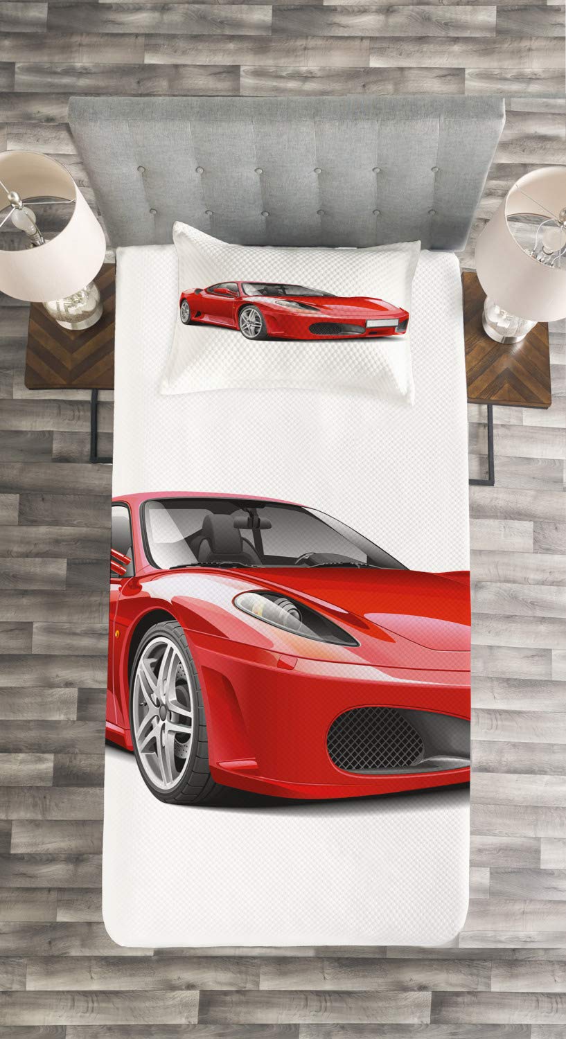 Ambesonne Modern Twin Size Bedspread Set - Italian Style Sports Car Illustration on Plain Backdrop, 3-Piece Decorative Bedding Coverlet with 2 Pillow Shams, Charcoal Grey & Red | Perfect for Car Enthusiasts' Bedrooms, Teen Boys' Room Decor, and Automotive-Themed Home Styling