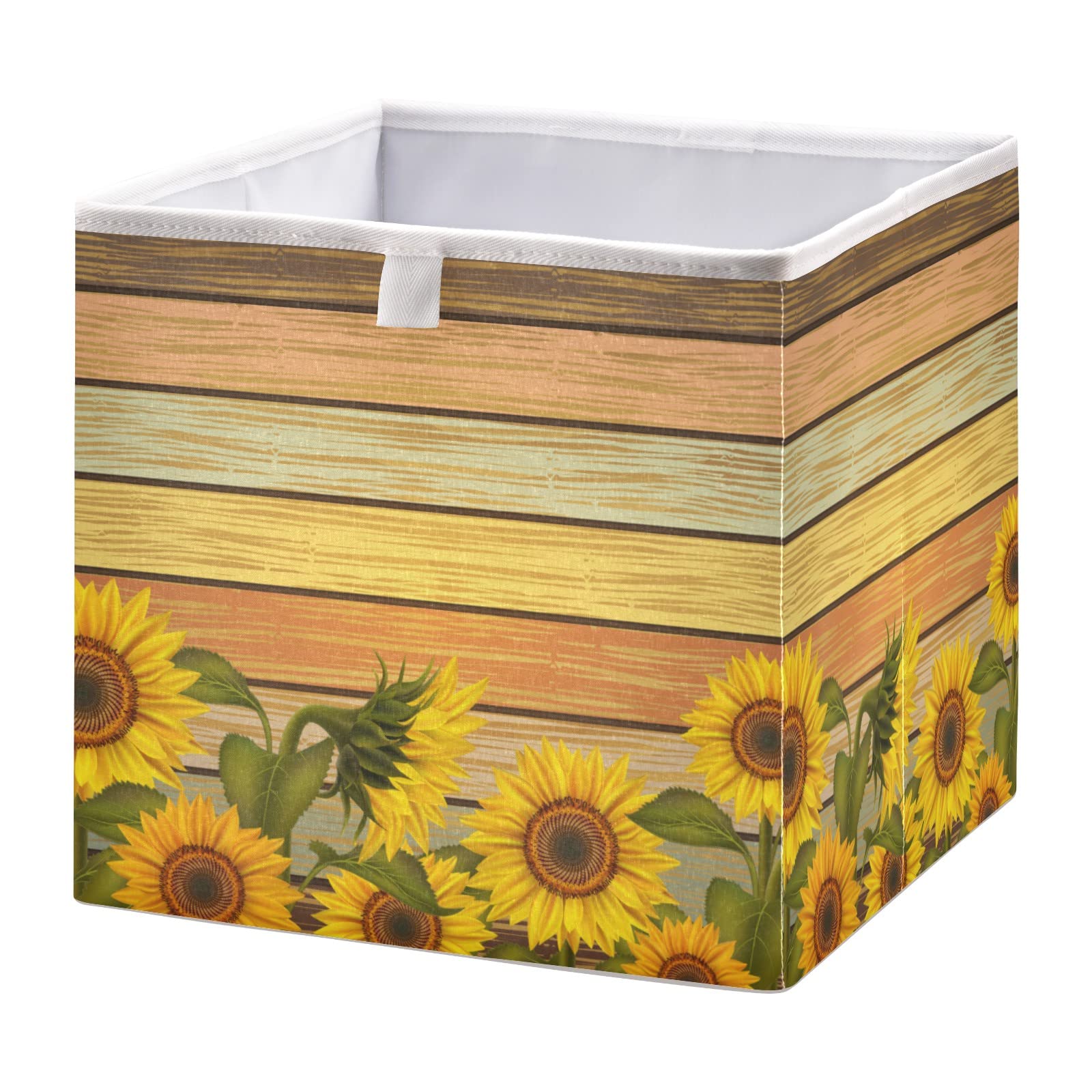 Foldable Collapsible Storage Baskets with Sunflower Leaves Print - 11x11 Inch Fabric Cube Organizer for Shelves, Pantry, Bathroom & Nursery | Space-Saving Toy & Baby Clothes Storage Solution