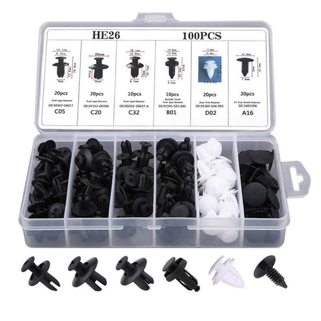 100pcs HE26 Car Bumper Retainer Clips - Nylon Fastener Rivet Kit (6mm/7.6mm/8mm/8.8mm) - Black Door Trim Panel & Bumper Push Rivet Clips for Auto Repair & Maintenance - Universal Fit for Most Vehicles
