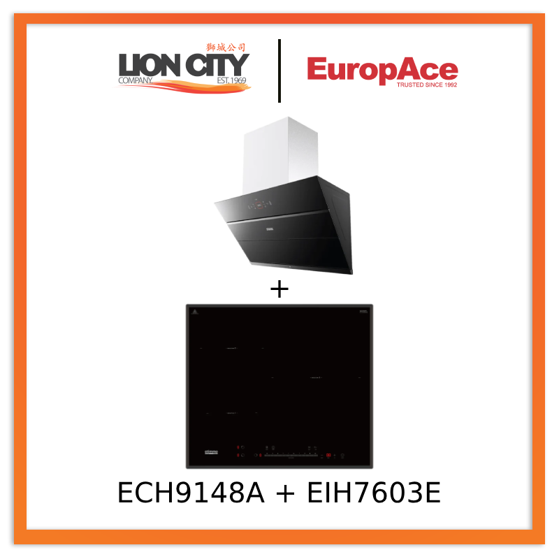 Europace ECH9148A 90cm Premium Stainless Steel Inclined Range Hood + EIH7603E 60cm 7 Series Induction Cooktop - Modern Kitchen Ventilation & Cooking Set for Home Chefs