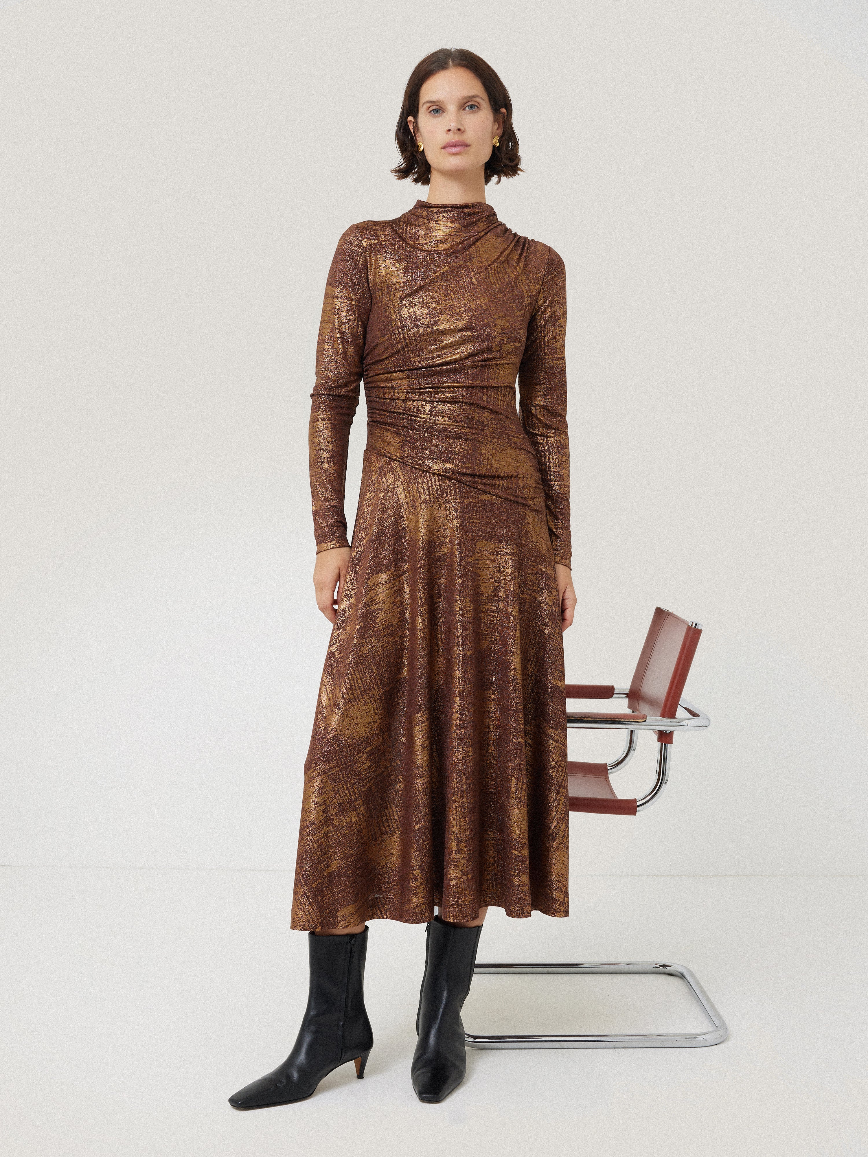 Elegant Brushed Bronze Draped Dress for Women - Perfect for Evening Parties, Weddings & Special Occasions