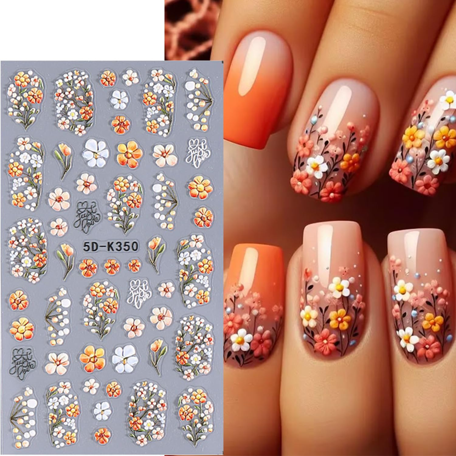 5D Floral Nail Stickers for Women - Spring Flower Nail Art Decals with Embossed Design | Self-Adhesive White, Orange, Red & Blue DIY Nail Charms | Perfect for Nail Salon, Home Manicure, Party & Wedding Nail Art Accessories
