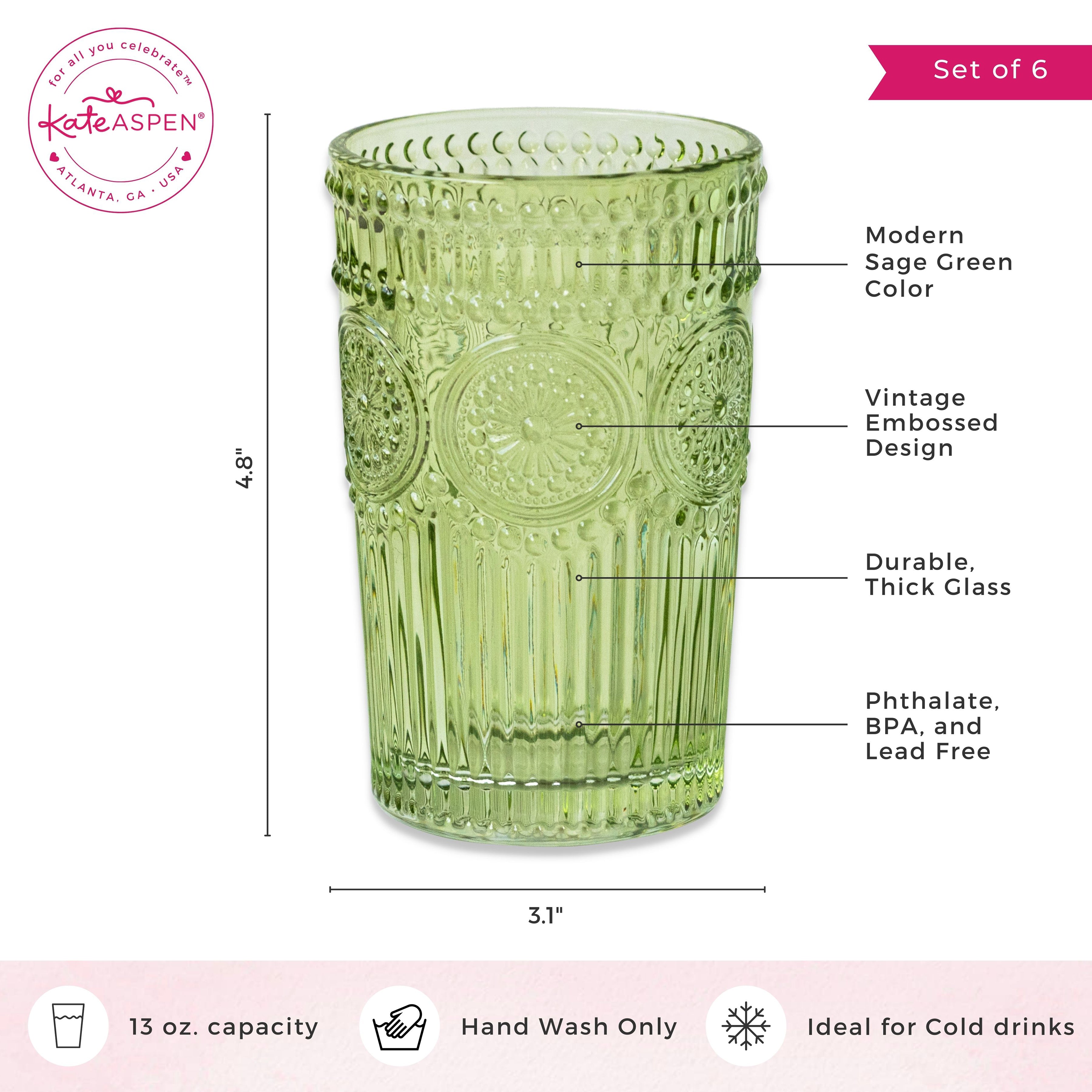 Vintage Textured Sage Green Drinking Glasses - 13 oz Set of 6 - Perfect for Cocktails, Iced Coffee & Home Bar Decor