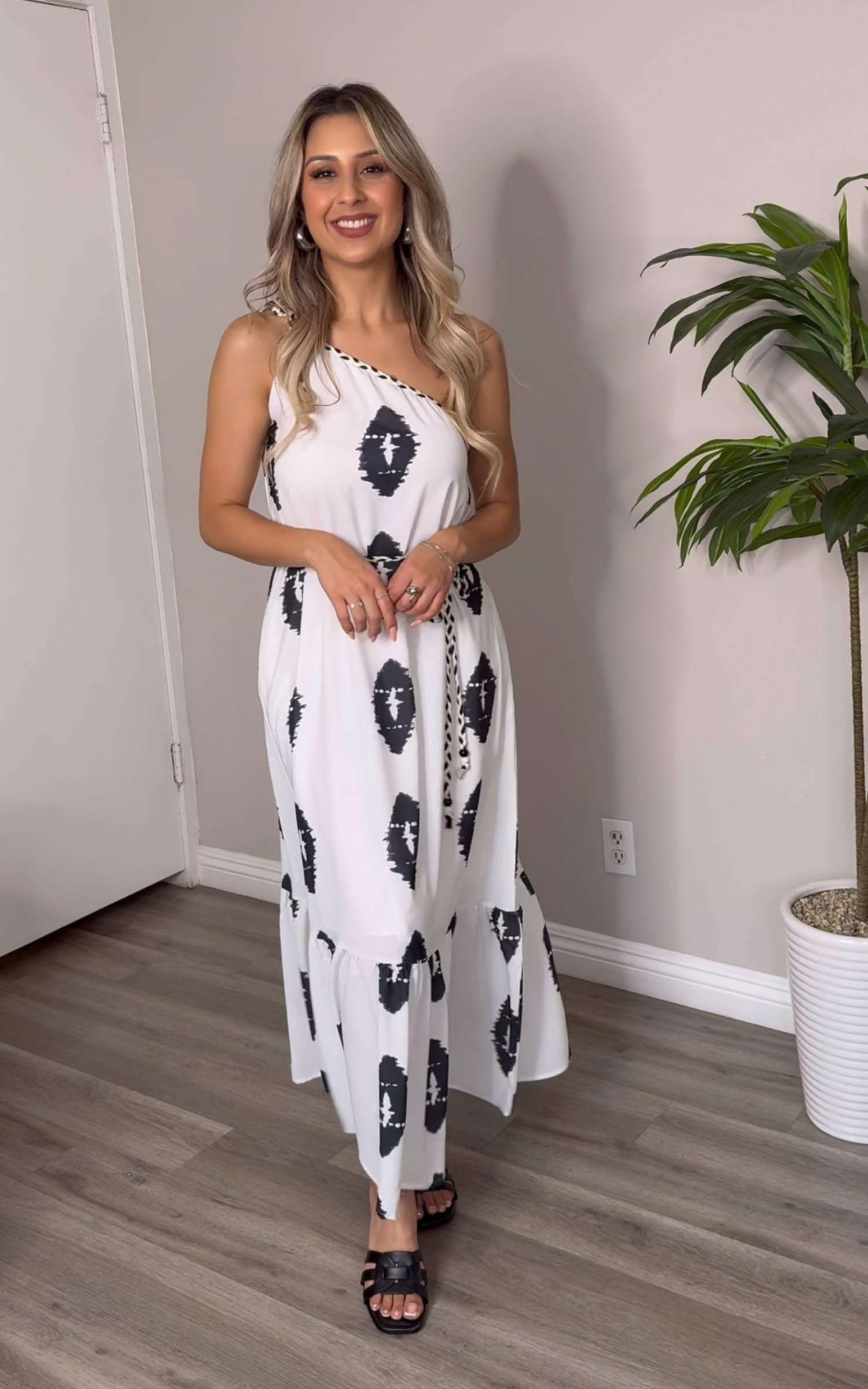 ECOWISH Women's Summer Maxi Dress - Casual One Shoulder Midi Dress with Pockets | Boho Beach Vacation & Resort Wear | Flowy Long Sundress for Pool Parties, Date Nights & Tropical Getaways 2025