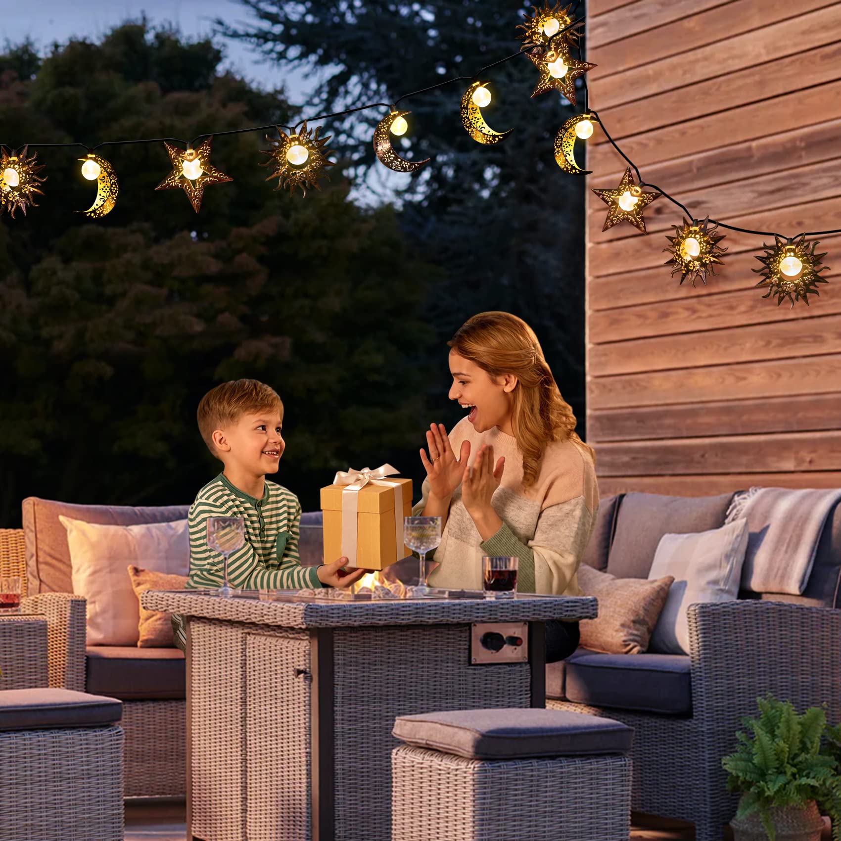 Solar Powered Outdoor String Lights - 13Ft 153 LED Fairy Lights with Star Moon Sun Shapes for Garden, Patio, Yard Decor | Waterproof & Weatherproof | Perfect for Weddings, Parties, Mother's Day Gifts & Nighttime Ambiance (Warm White)