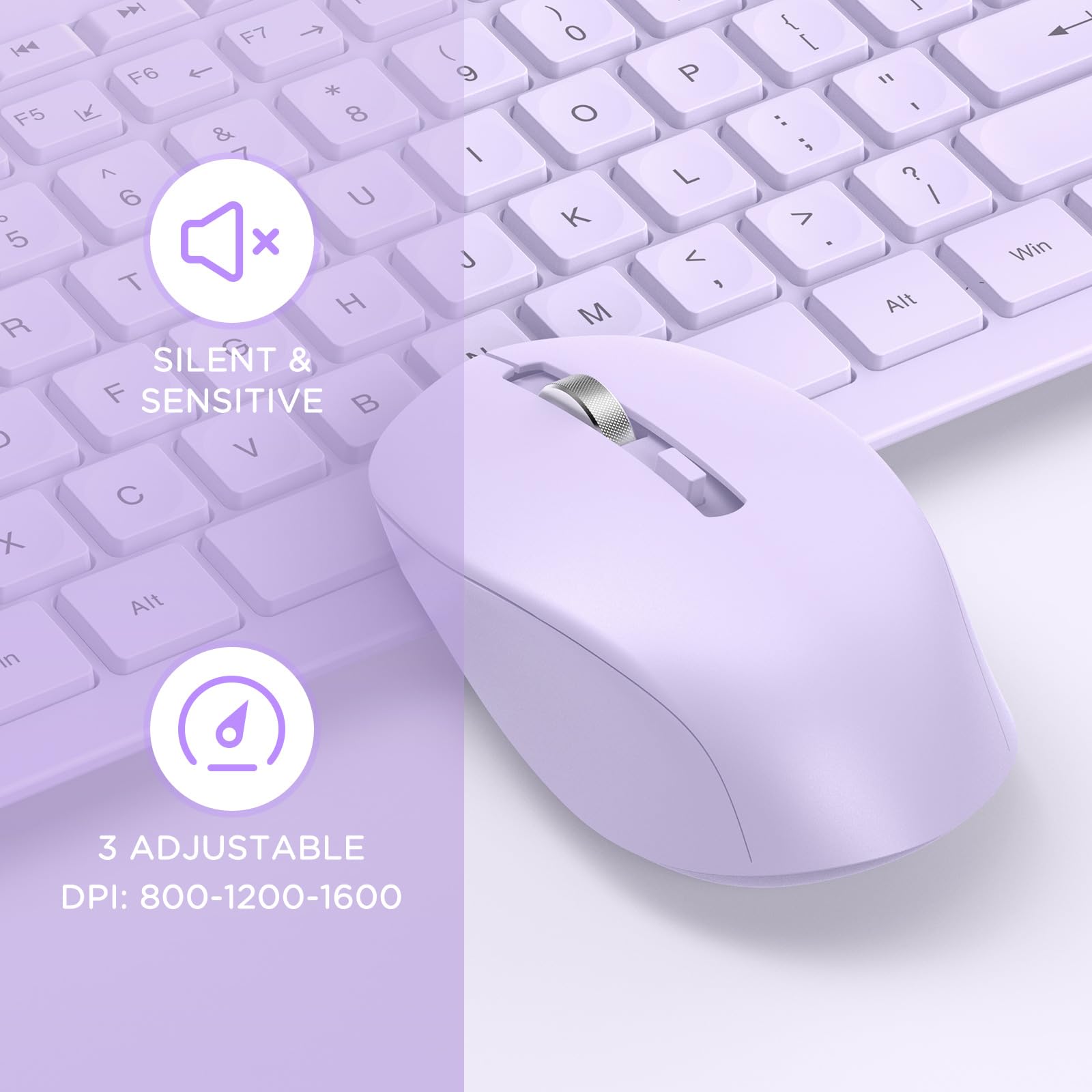 Seenda Wireless Keyboard and Mouse Combo - 2.4GHz Cordless Quiet Full-Size Purple Set with USB Receiver for Windows PC/Laptop - Perfect for Office Work, Gaming & Home Computing (Purple)
