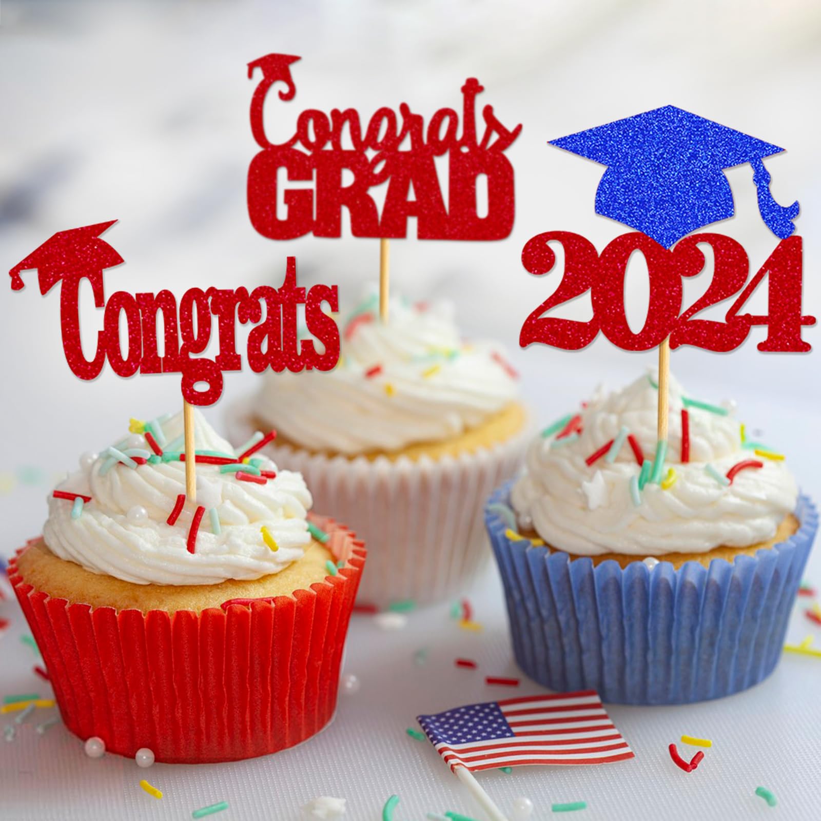 24Pcs Red and Blue Graduation Cupcake Toppers - Class of 2024 Decorations, Graduation Party Supplies, Cake Picks for Grad Ceremony, School Celebration & Dessert Decoration