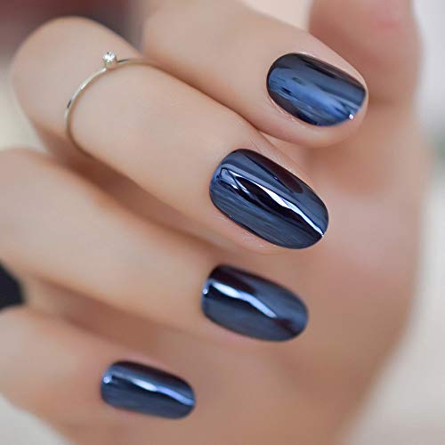 Coolnail Metallic Mirror Bright Blue Gray False Nails - Oval & Round Fake Nails Set for Manicure, Full Cover Nail Art Tips | Perfect for Parties, Weddings & Special Occasions