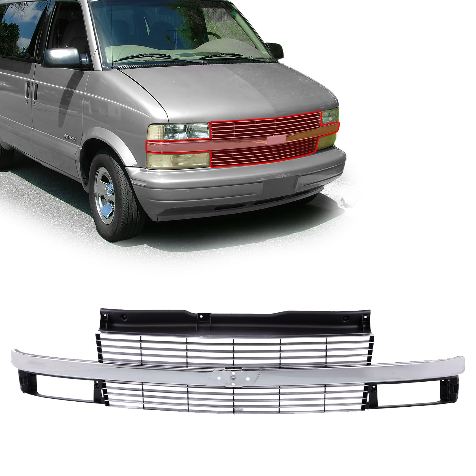 Chrome & Silver Gray Front Grille Grill for 1995-2005 Chevy Astro - Compatible with Composite Headlight Holes | Durable Replacement Car Part for Off-Road & Custom Builds