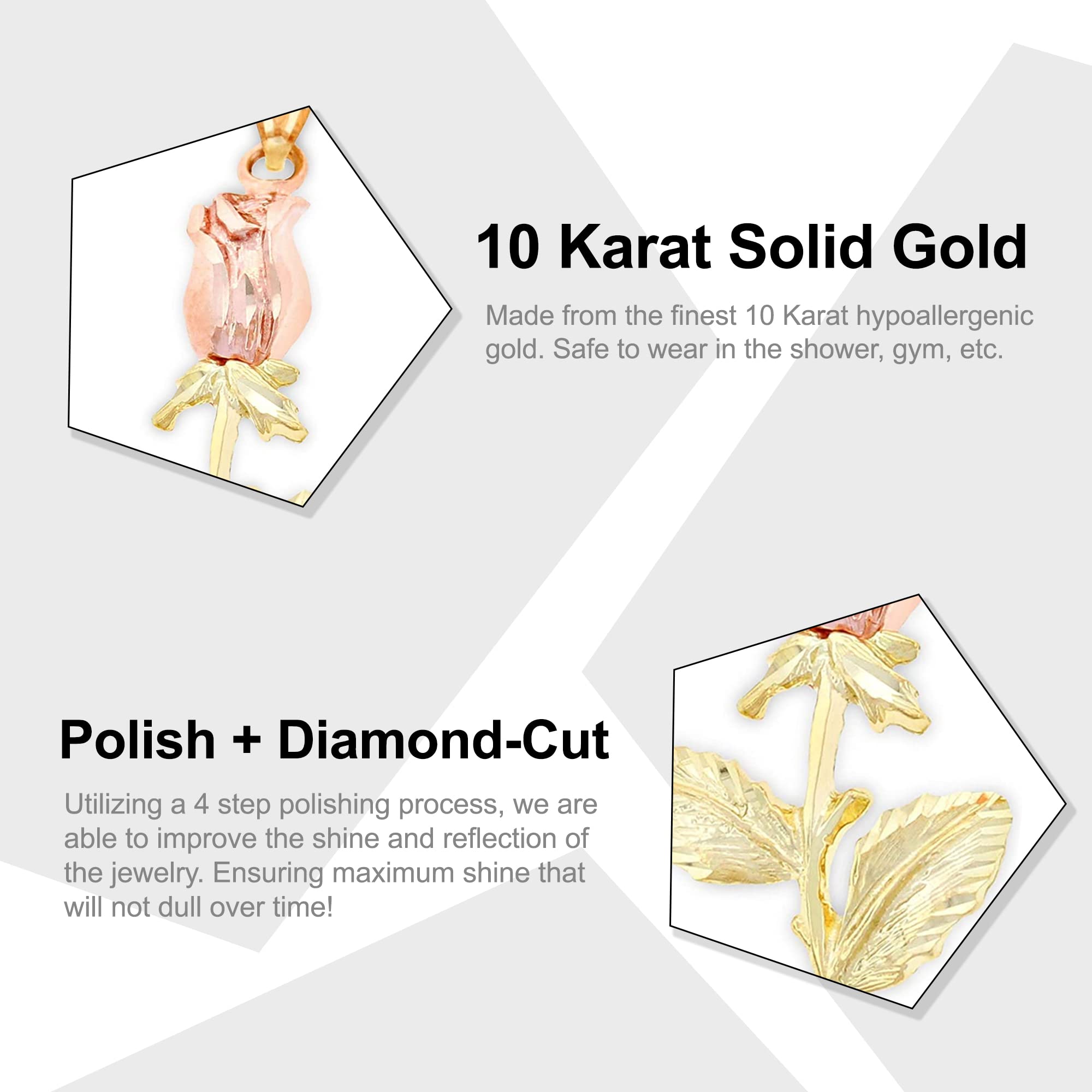 10K Solid Yellow & Rose Gold Long Stem Rose Charm Pendant - Elegant Rose Flower Dangle Charm for Jewelry Making - Perfect Mother's Day Gift & Birthday Present for Women - Ideal for Necklaces, Bracelets & DIY Jewelry Projects