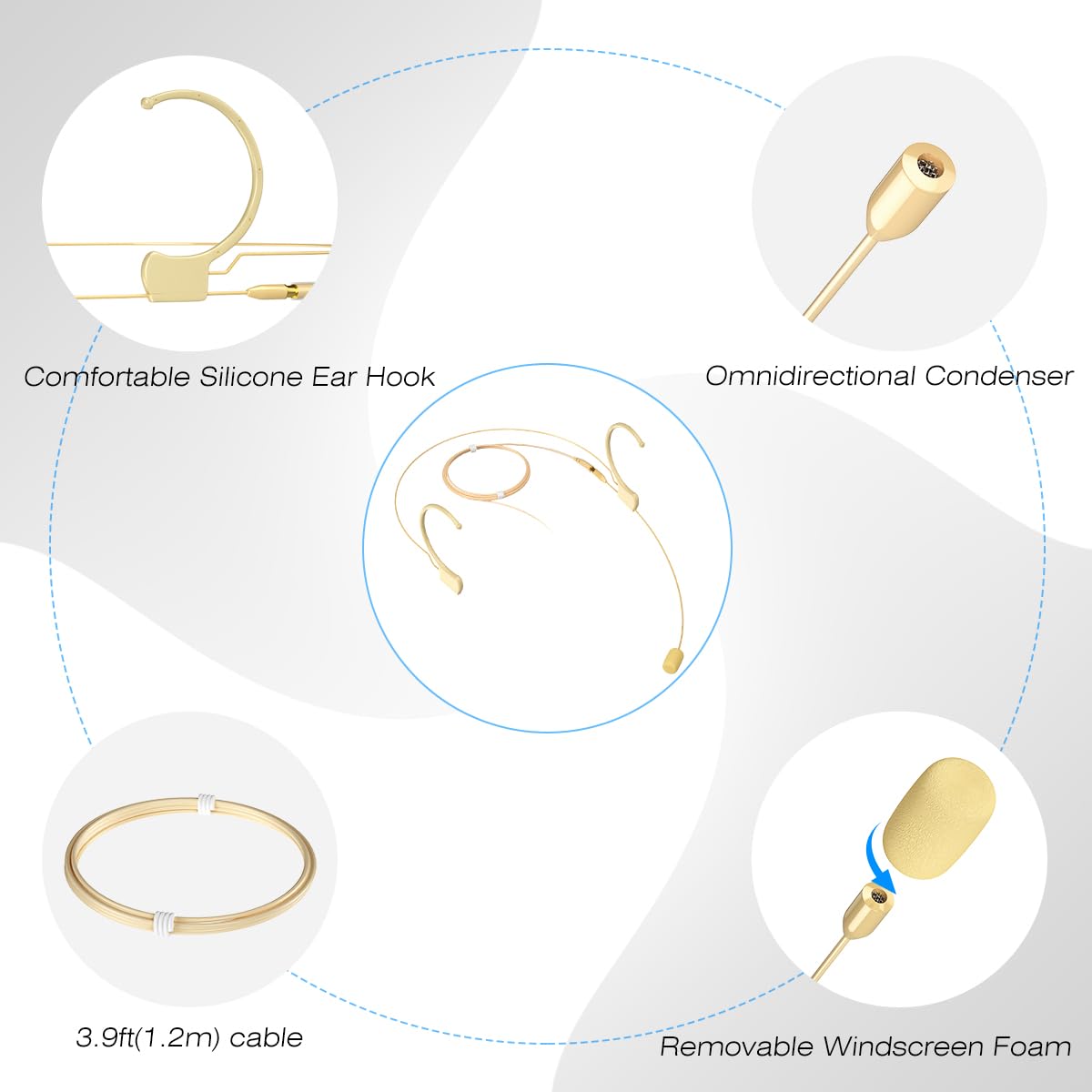 Professional Over-Ear Headset Microphone - KIMAFUN Condenser Earset with Hanging Mic, Compatible with AKG Wireless System & Bodypack Transmitter - Beige D3 - Perfect for Performances, Theater, Lectures, Public Speaking & Live Events