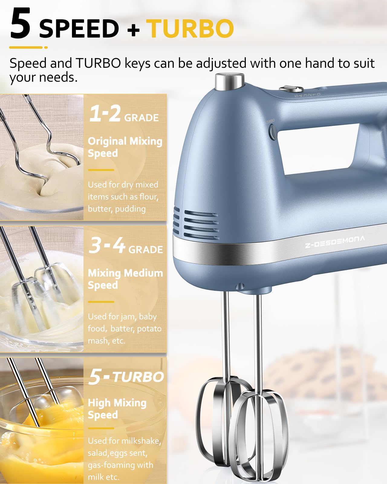 300W Electric Hand Mixer - Powerful Handheld Mixer with 304 Stainless Steel Beaters & Dough Hook - Turbo Function for Baking Cakes, Whipping Eggs & Cream - Perfect for Home Kitchen, Bakeries & Cooking Enthusiasts (Blue)