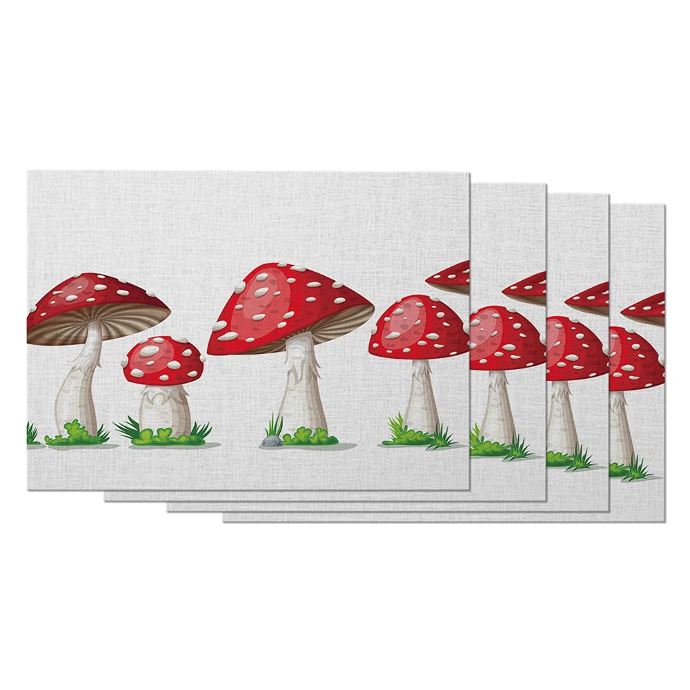 EKOBLA Non-Slip Cotton Linen Placemats Set of 4 - Red Mushroom Cartoon Design with Grass Meadow Pattern, Heat Resistant & Washable for Dining Table, Kitchen Decor | Perfect for Family Meals, Dinner Parties & Holiday Gatherings