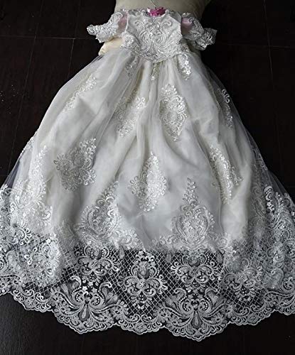 Girls' Full Lace Sequins Baptism Dress with Bubble Sleeves - Elegant Christening Princess Gown for Baby Girls - Perfect for Church Ceremonies, First Communion & Special Occasions