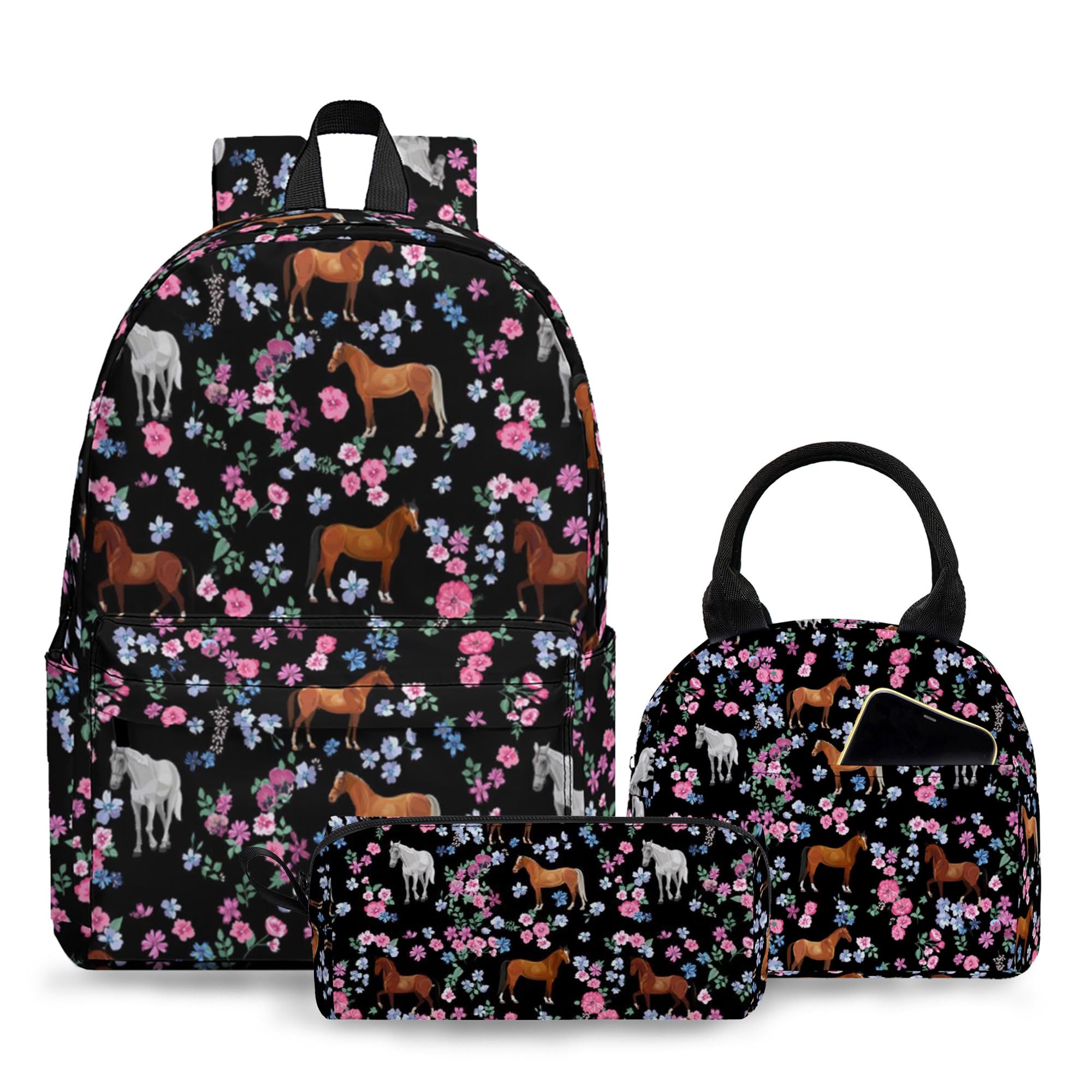 3PCS Kids Backpack Set for Boys & Girls - School Backpack with Lunch Bag & Pencil Case for Elementary & Middle School Students | Durable Bookbag for Teen Students, Perfect for School, Travel & Daily Use (Flower Horse Design)