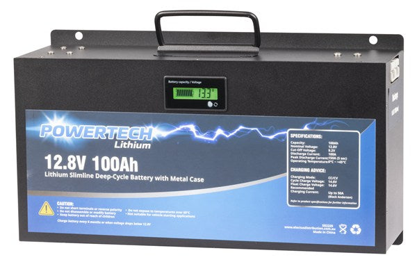 POWERTECH 12.8V 100Ah Slim Lithium Deep Cycle Battery with Metal Case - Perfect for RV, Marine, Solar Power & Off-Grid Applications