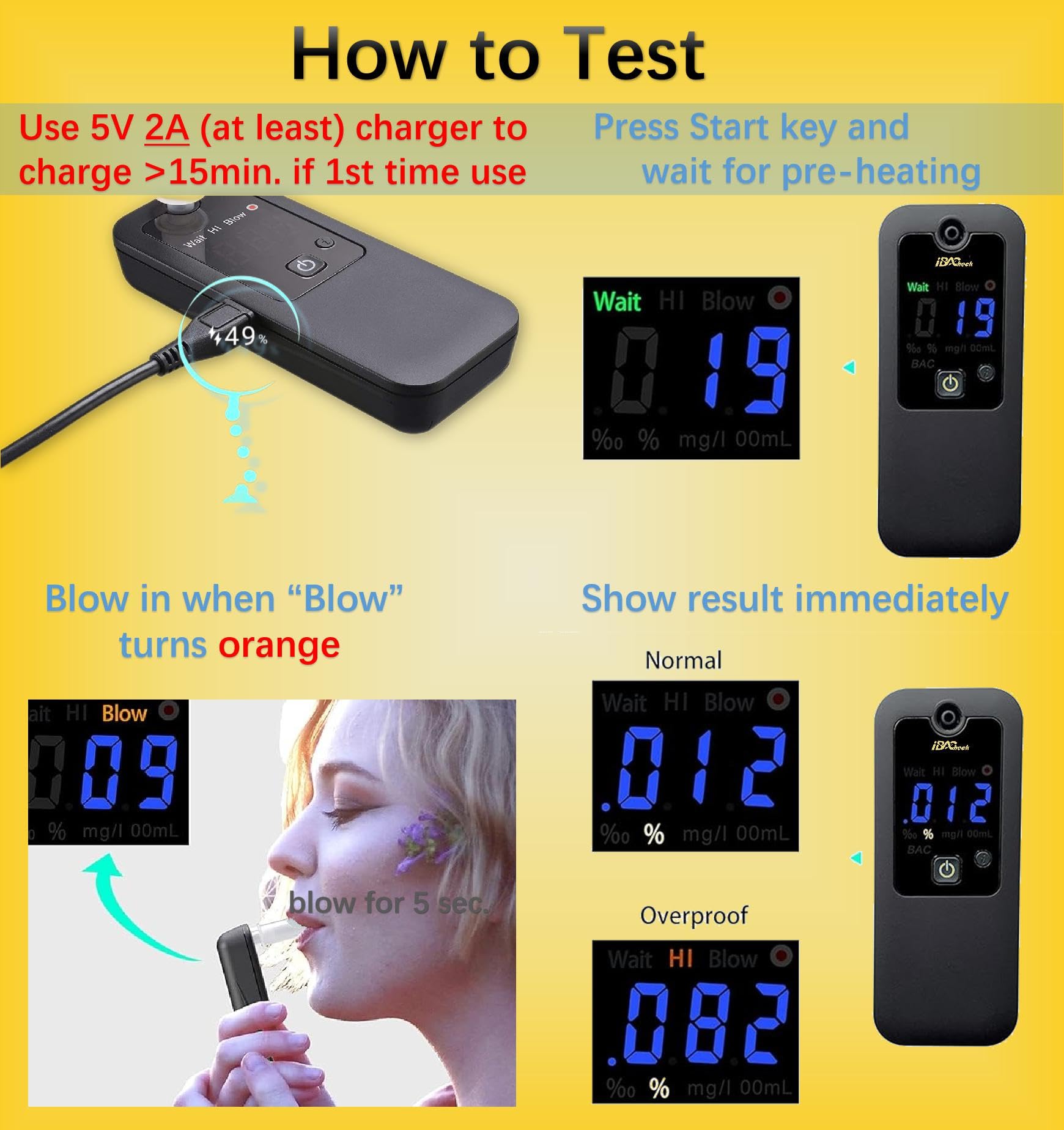 Professional Digital Breathalyzer with High-Accuracy Sensor - Rechargeable Alcohol Tester for Personal & Workplace Use - Includes 10 Disposable Mouthpieces | Perfect for Home Safety Checks, Office Parties & Law Enforcement Scenarios