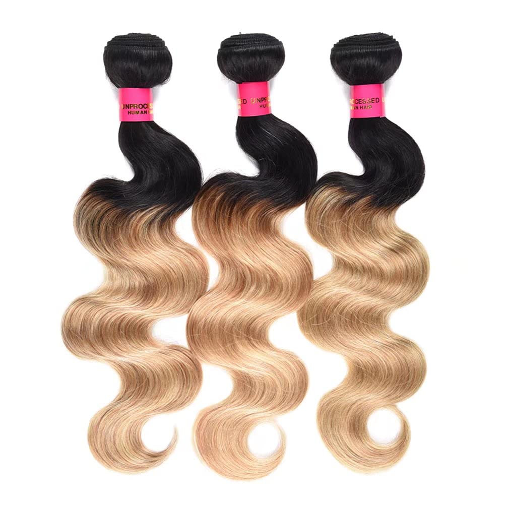 WOME Brazilian Ombre Human Hair Bundles - 3 Bundles Unprocessed #1B/27 Blonde Ombre Two Tone Hair Wefts Extensions (10