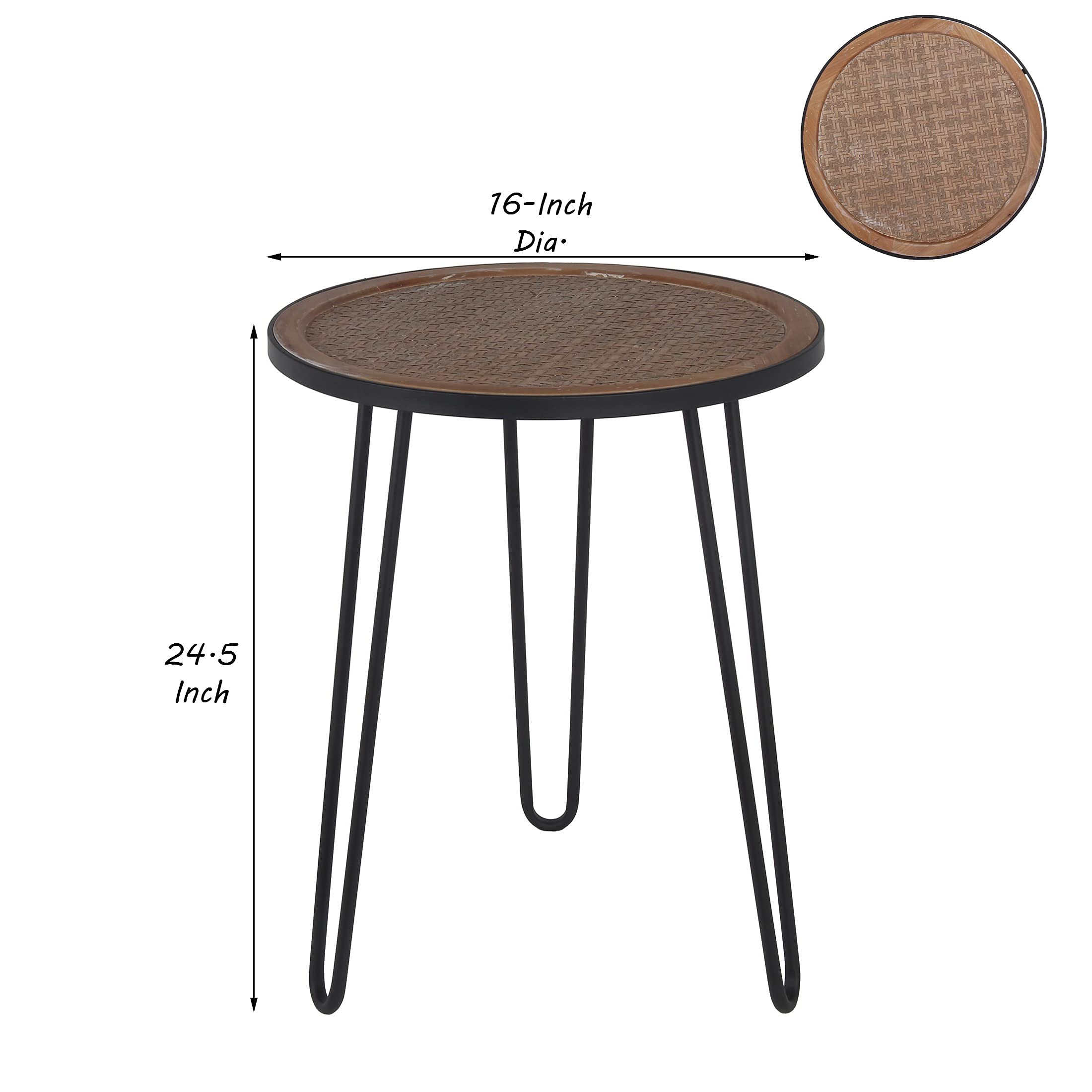 Benjara 24 Inch Round Metal Accent Table with Vinyl Weaving in Brown & Black - Perfect for Living Room, Patio, or Outdoor Decor