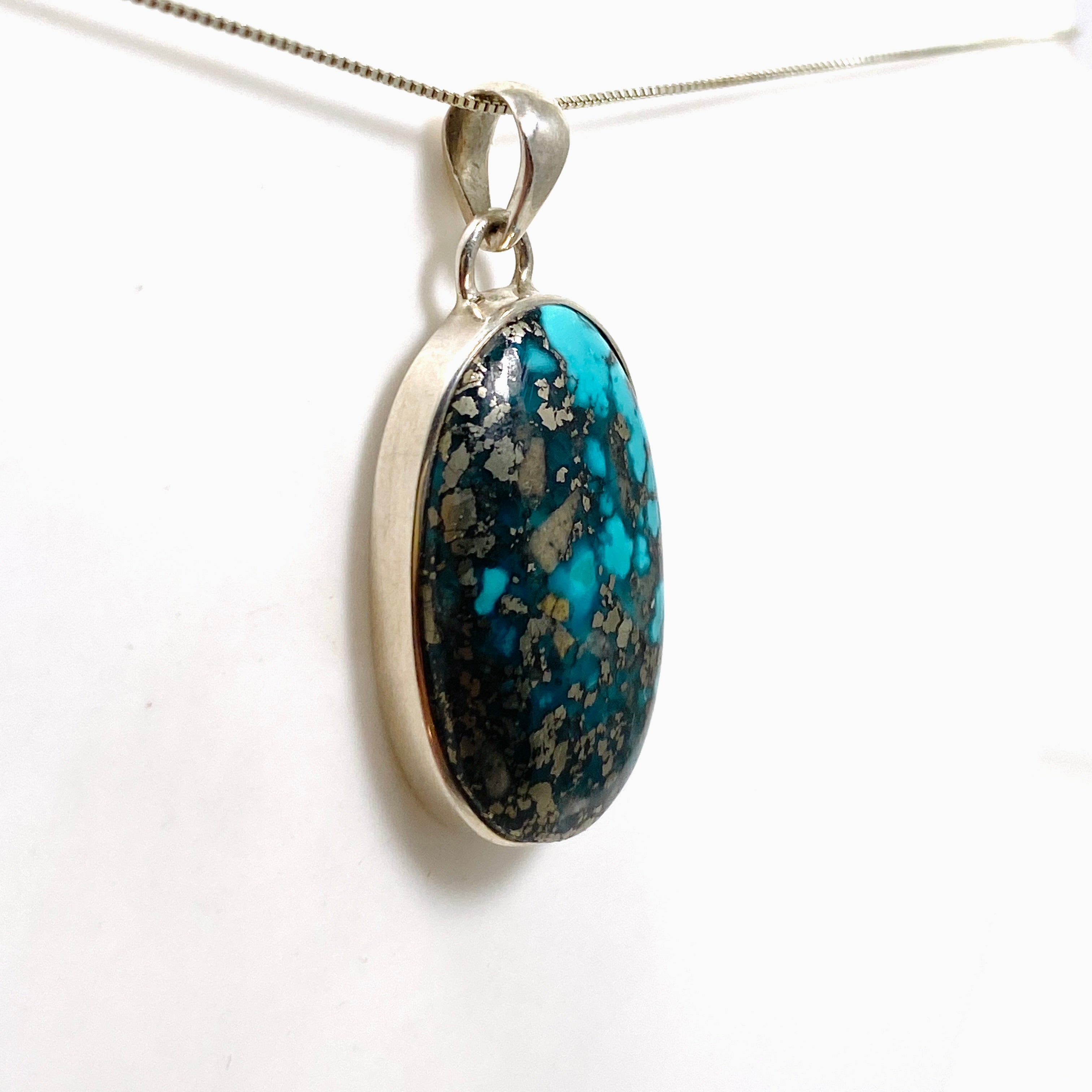 Natural Persian Turquoise with Pyrite Oval Cabochon Pendant - Genuine Iranian Gemstone Jewelry for Women - Perfect for Boho Chic & Southwest Style Outfits