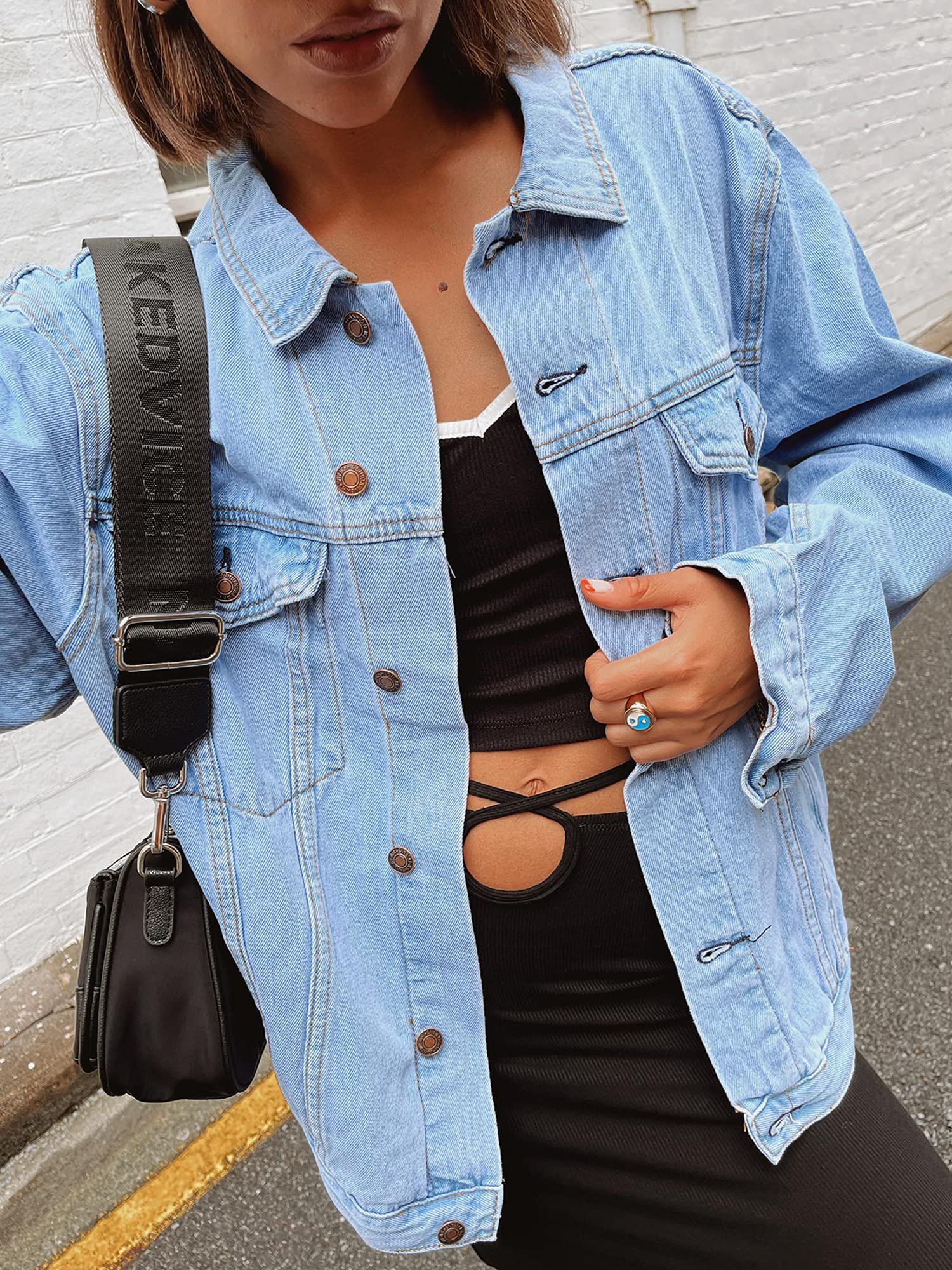 Justalwart Women's Oversized Denim Jacket - Long Sleeve Classic Loose Fit Jean Trucker Jacket for Casual Outfits & Streetwear Fashion