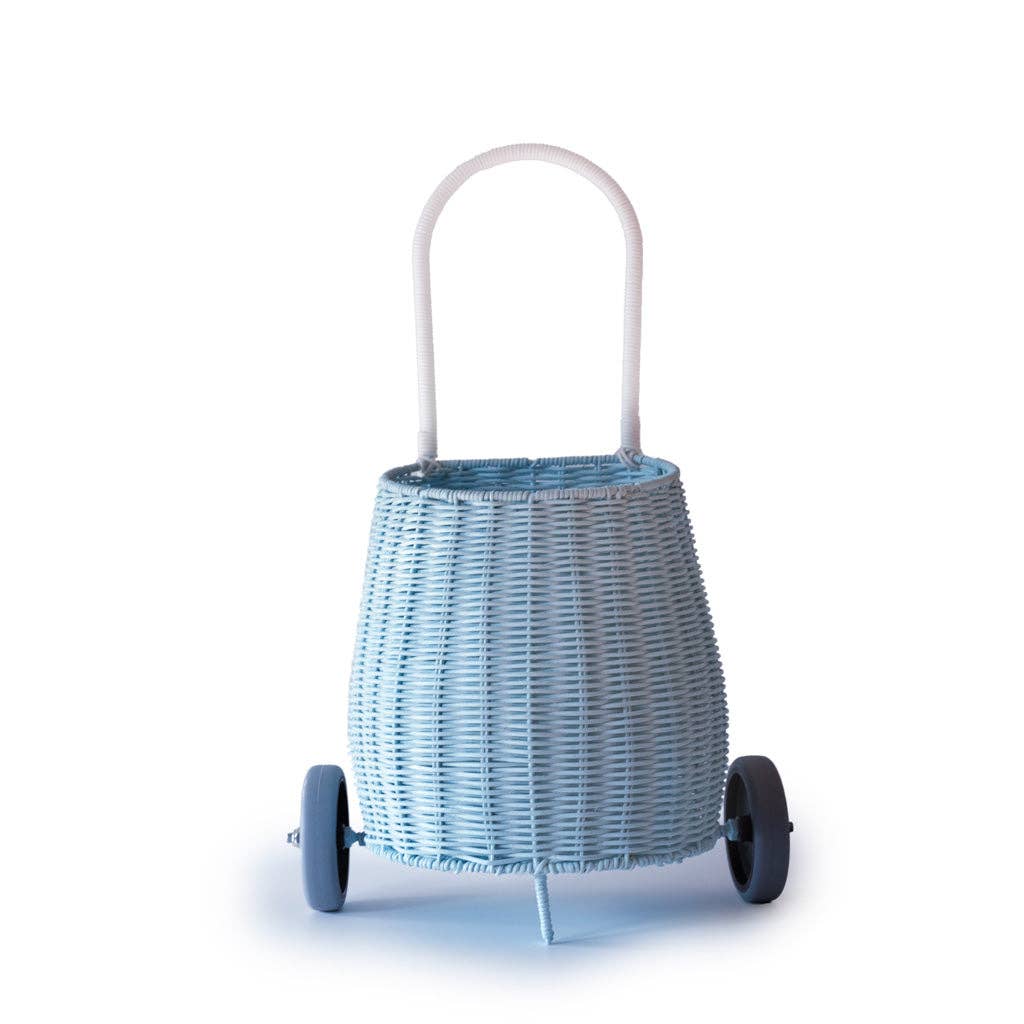 Rattan Storage Basket on Wheels - Light Blue Kids Toy Organizer for Playroom, Nursery & Bedroom