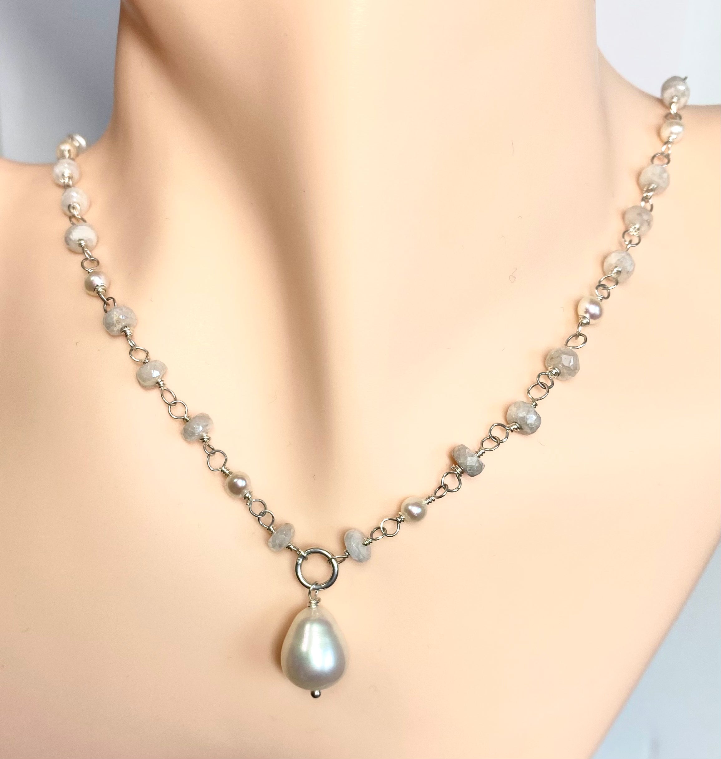 Pearl and White Sapphire Rosary Pendant Necklace - Sterling Silver Jewelry for Women, Elegant Religious Gift for Baptism, First Communion & Prayer