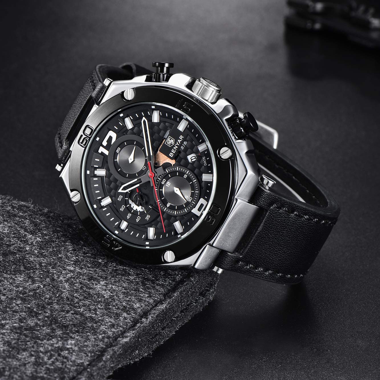 BENYAR Men's Chronograph Waterproof Sports Watch with Leather Strap - Date Display Business Casual Wristwatch for Office, Outdoor & Daily Wear