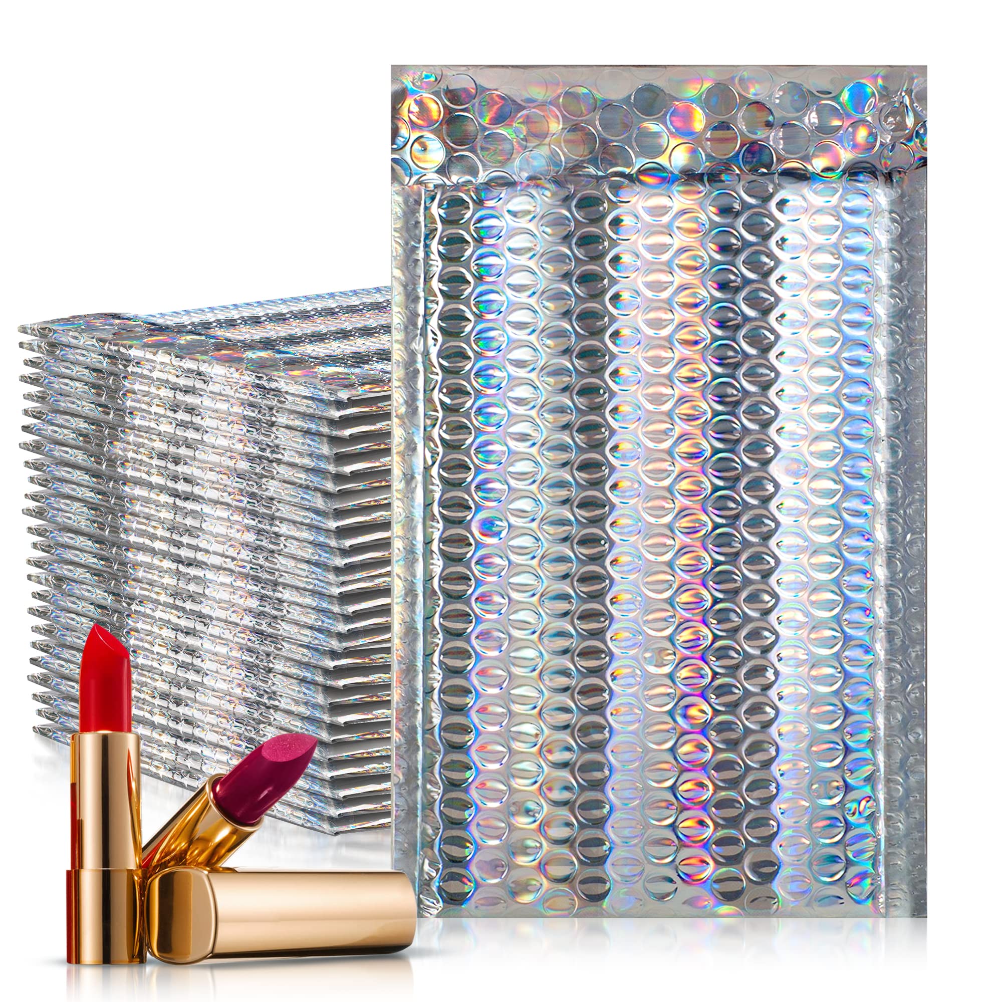250 Pack 5x9 Inch Metallic Holographic Bubble Mailers with Sturdy Adhesive Seal - Waterproof Foil Bubble Envelopes for Ecommerce Shipping, Small Business Packaging & Online Store Orders